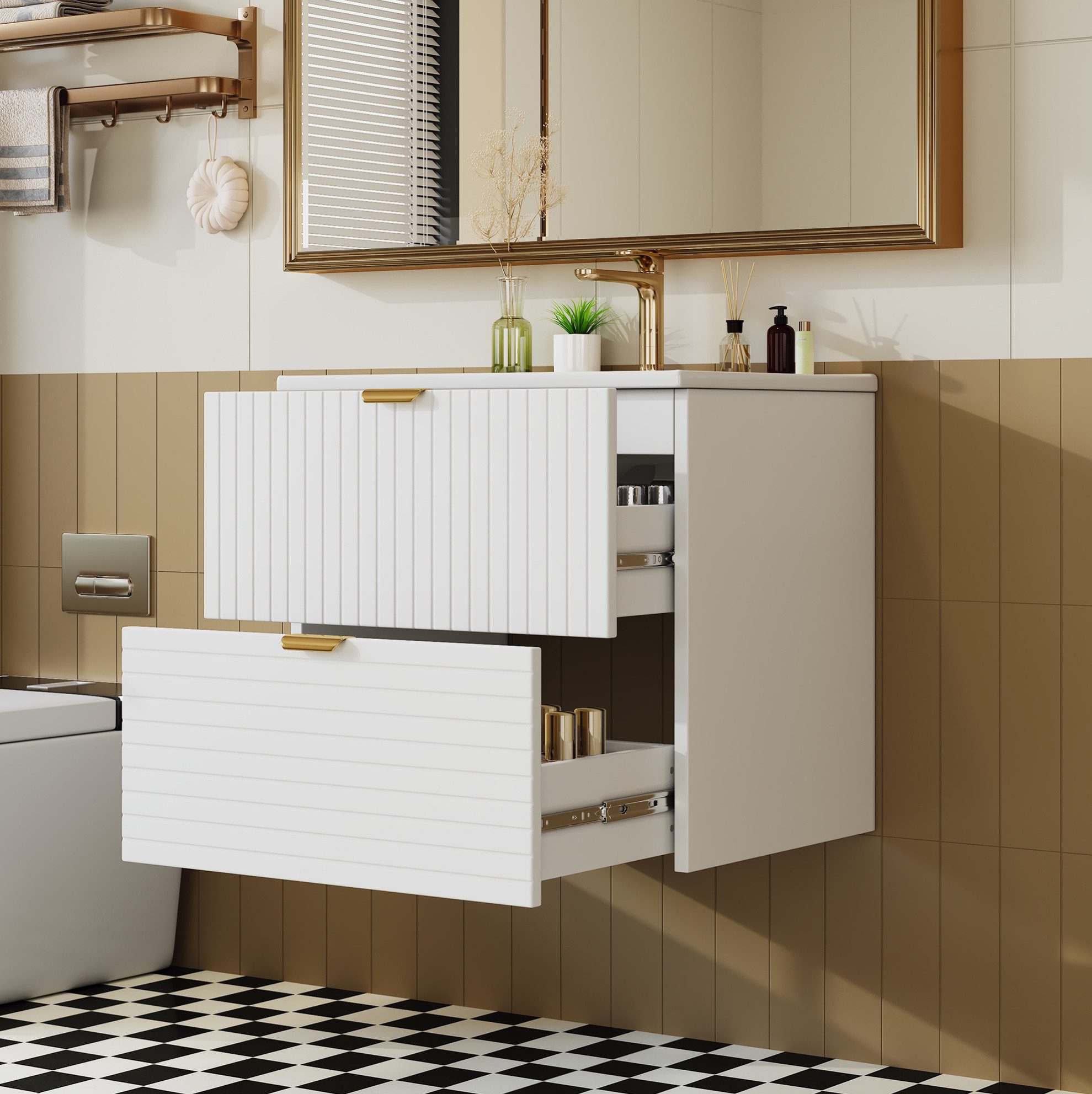 OKWISH Waschbeckenunterschrank Badmöbel (Wandhängender Waschtisch 61x46x57 cm aus MDF, Badezimmer Waschbecken mit 2 geräuschlosen Schubladen, strukturierten Fronten und integriertem Becken)