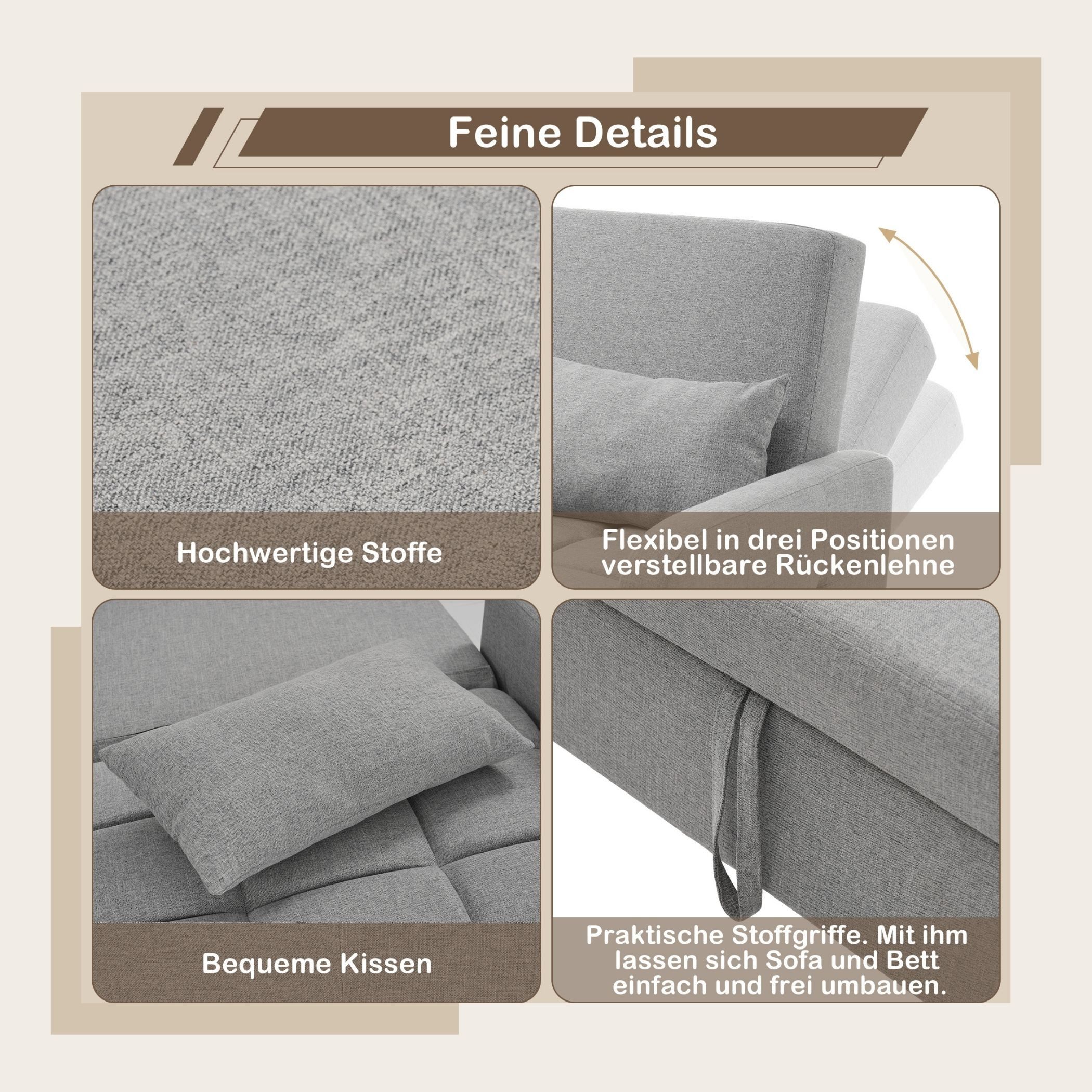 SeedWave Schlafsofa mit ausziehbarer Matratze, verstellbare Rückenlehne 105°/138°/180°, 2 Kissen, 180x127 cm Doppelbett, Leinenstoff, platzsparen