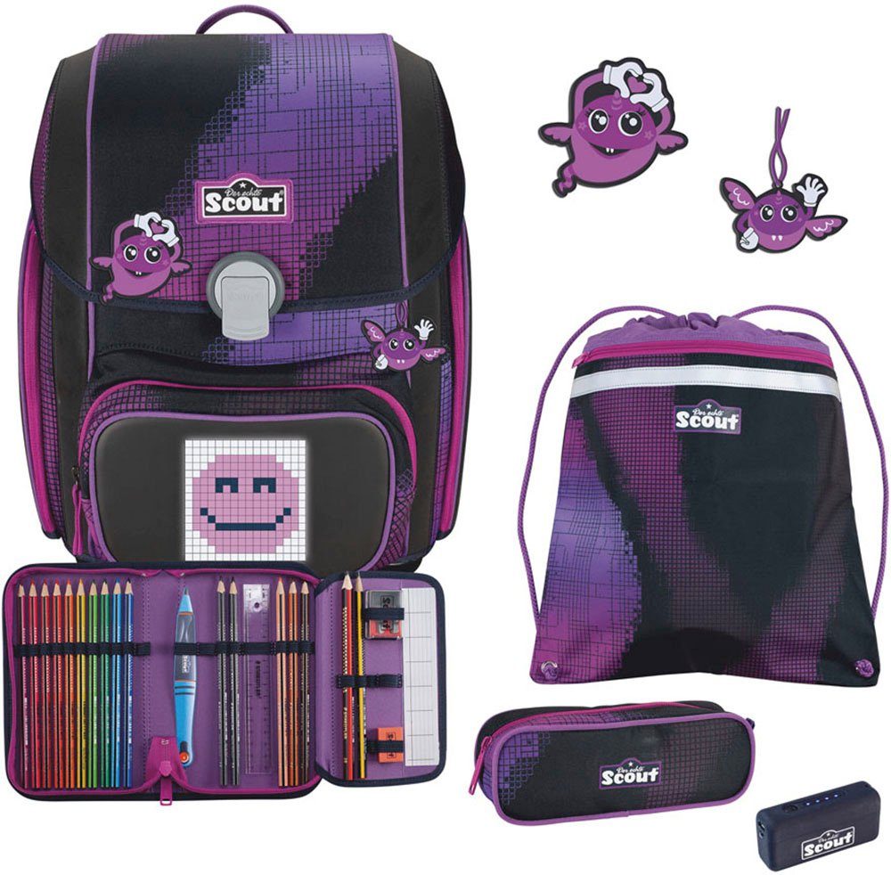 Scout Schulranzen Genius Movie Star, mit LED-Display, Pink Pixel (Set, 4-tlg), mit Powerbank, enthält recyceltes Material