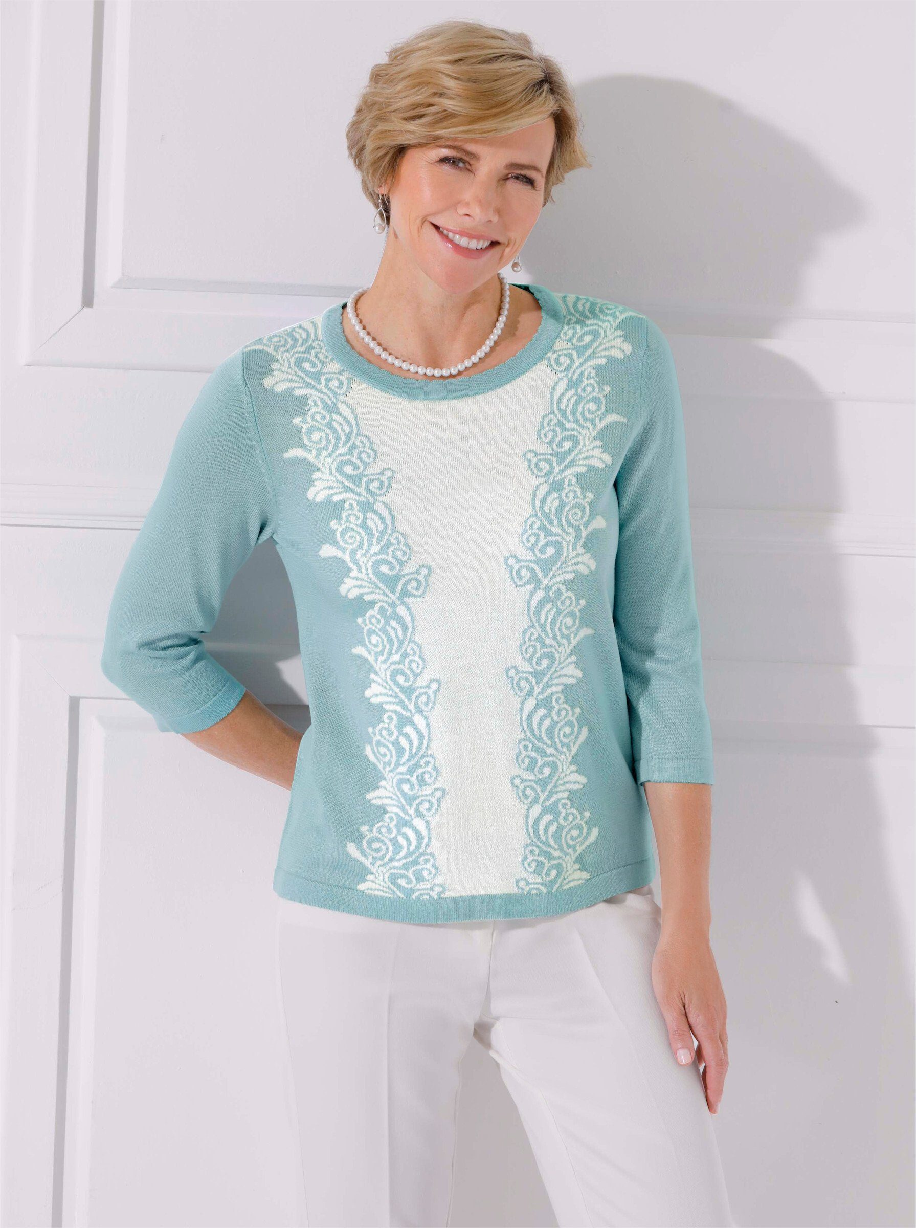 WEIDEN Strickpullover mint-ecru-gemustert WITT