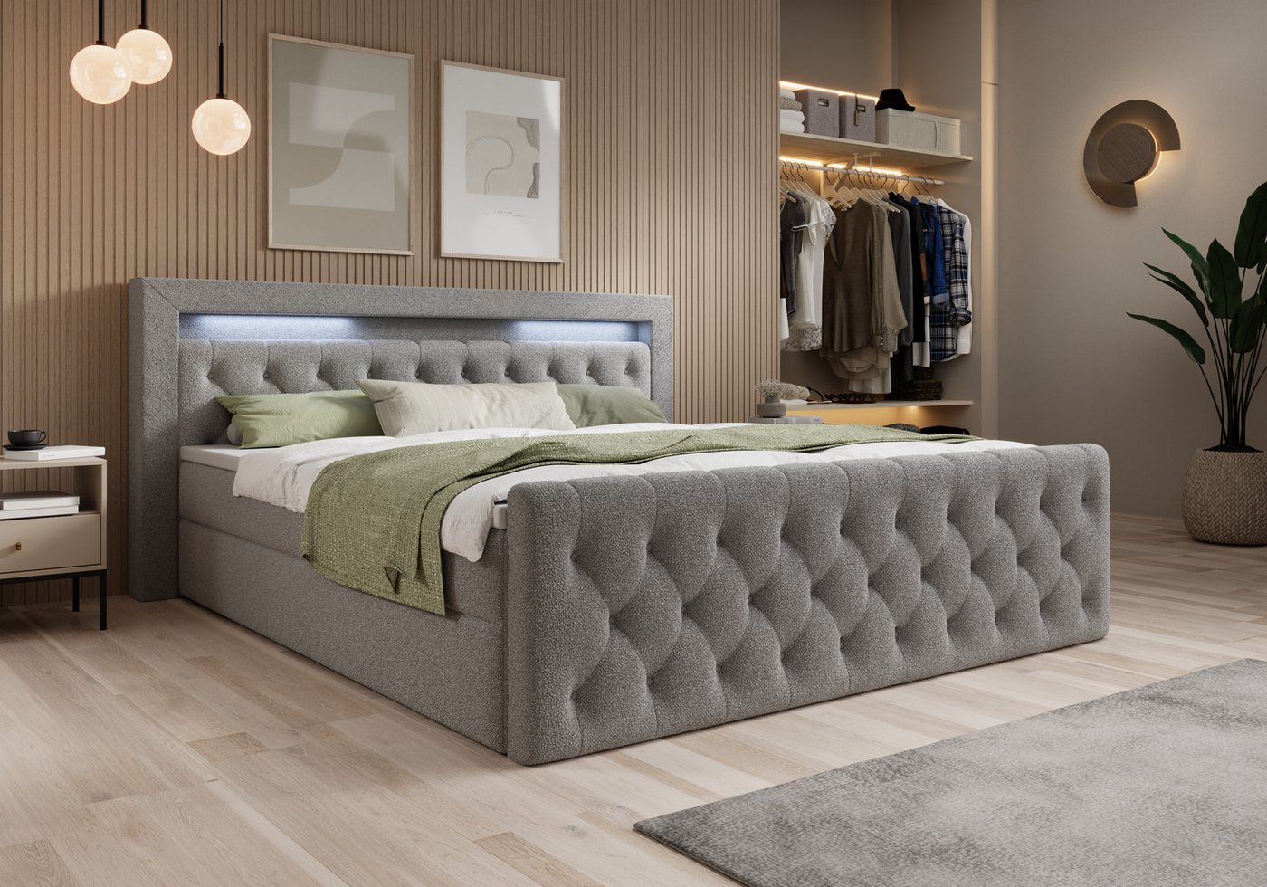thematys Boxbett LED mit Bettkasten 140x200–200x200 cm – Velours oder Bouclé Bezug – (Polsterbett Bonnellfederkern Matratze H3 + Gratis 3cm Topper, Boxbett - Luxus Doppelbett mit Stauraum und LED)
