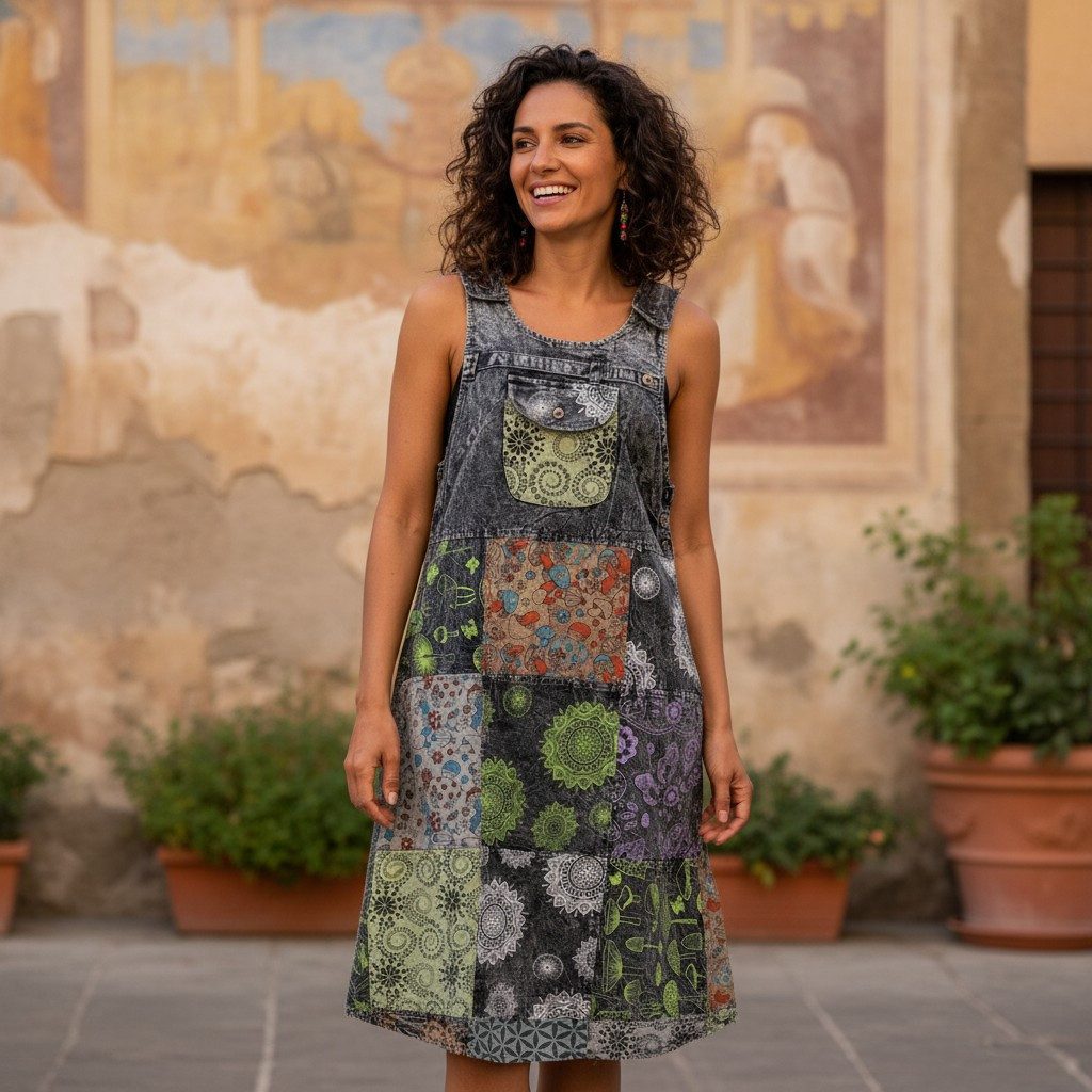 Guru-Shop Minirock Boho Latzrock, Patchwork Trägerkleid, Latzkleid.. alternative Bekleidung