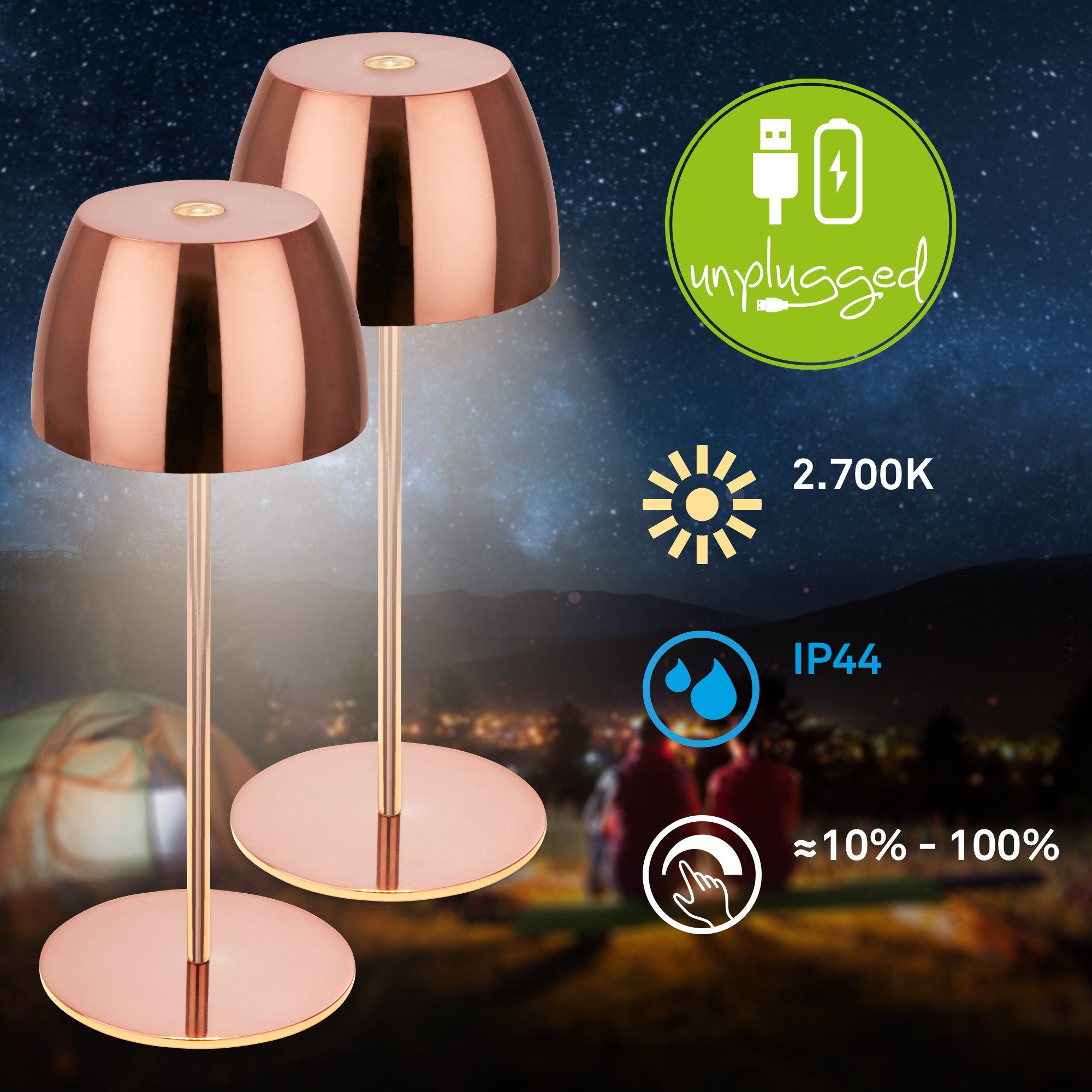 Briloner Leuchten LED Außen-Tischleuchte SERINA MINI, Dimmfunktion, LED fest integriert, Warmweiß, kabellos 20 x 8 cm Kupferfarbig 2,5W Wohnzimmer Schlafzimmer 2er-Set