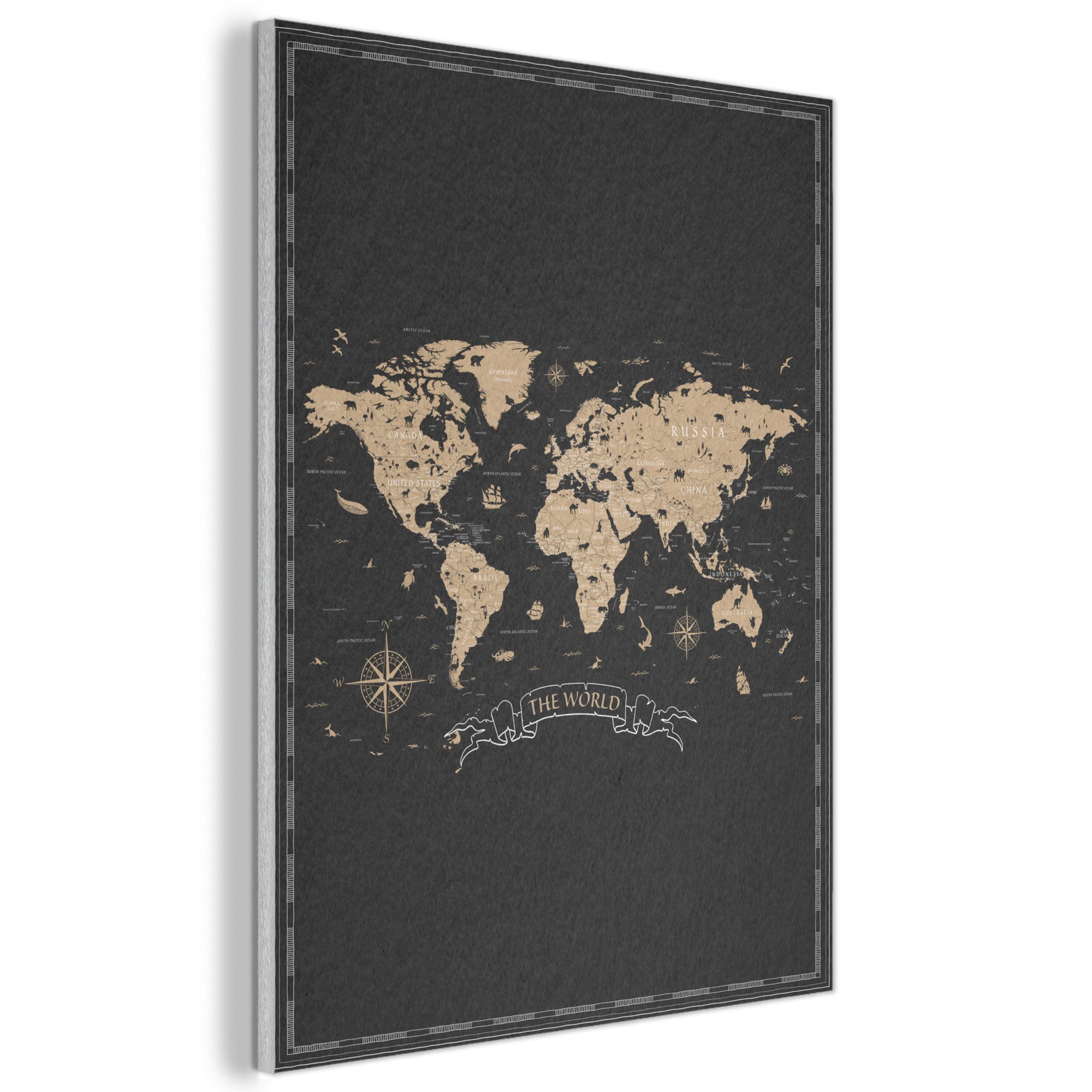MuchoWow Gemälde Weltkarte - Beige - Schwarz, Fotodruck (1 St), Akustikpaneele, Wandpaneele, Schalldämmung, Akustikbilder 30x40 cm