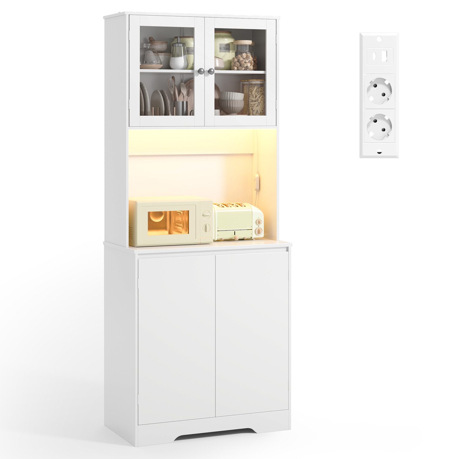 Bealife Buffet Küchenschrank mit Arbeitsplatte und 2 Schranktüren (Mit LED-Licht (farblich einstellbar) & Steckdose)