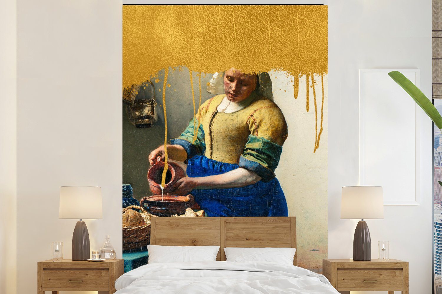 MuchoWow Fototapete Milchmädchen - Gold - Vermeer, Matt, bedruckt, (3 St), Montagefertig Vinyl Tapete für Wohnzimmer, Wandtapete