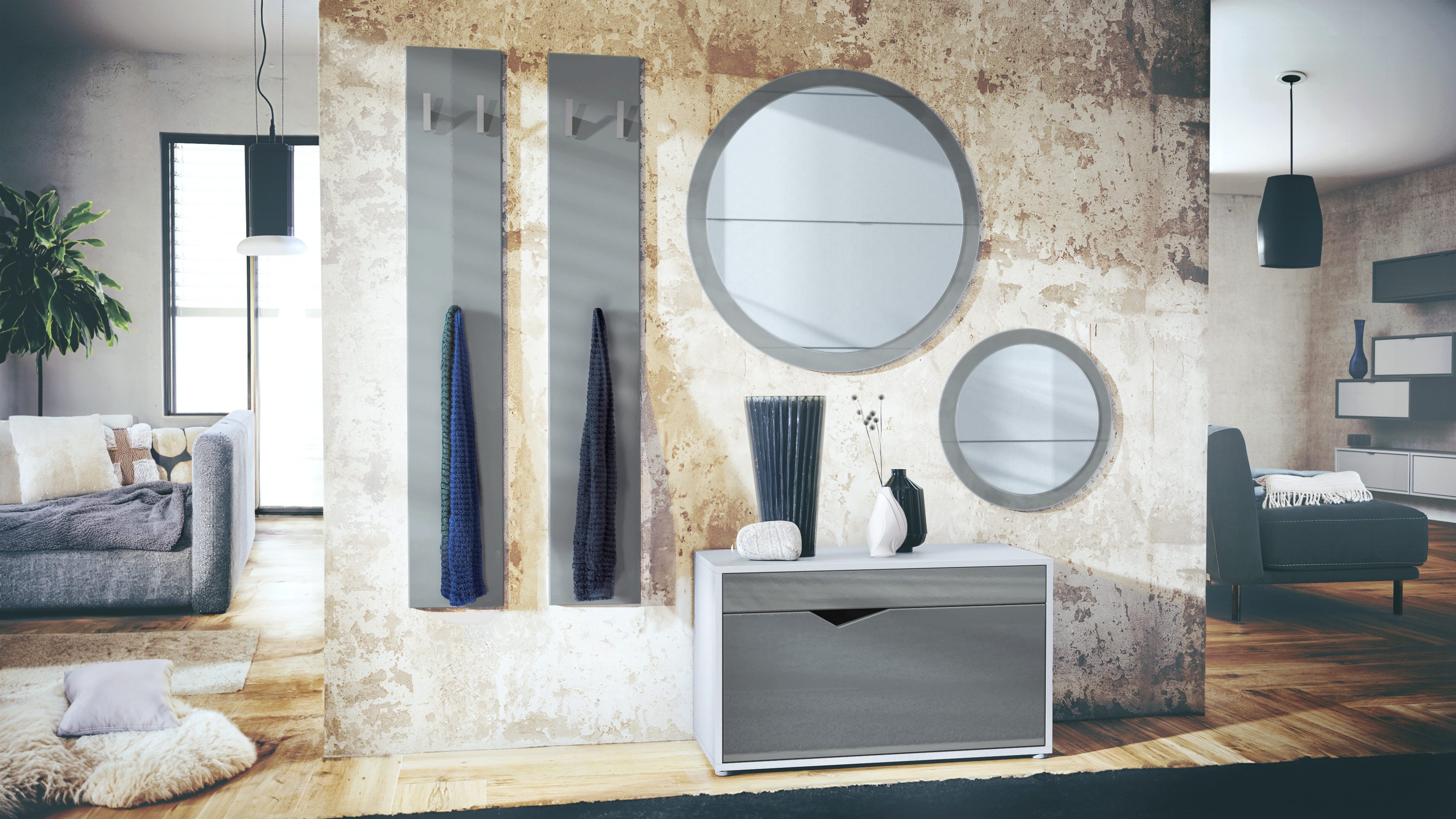 Vladon Garderoben-Set Espoo, (Flur Garderobe, mit Schuhbank, 2 Wandpaneel und 2 Runde Wandspiegel), Weiß matt/Grau Hochglanz
