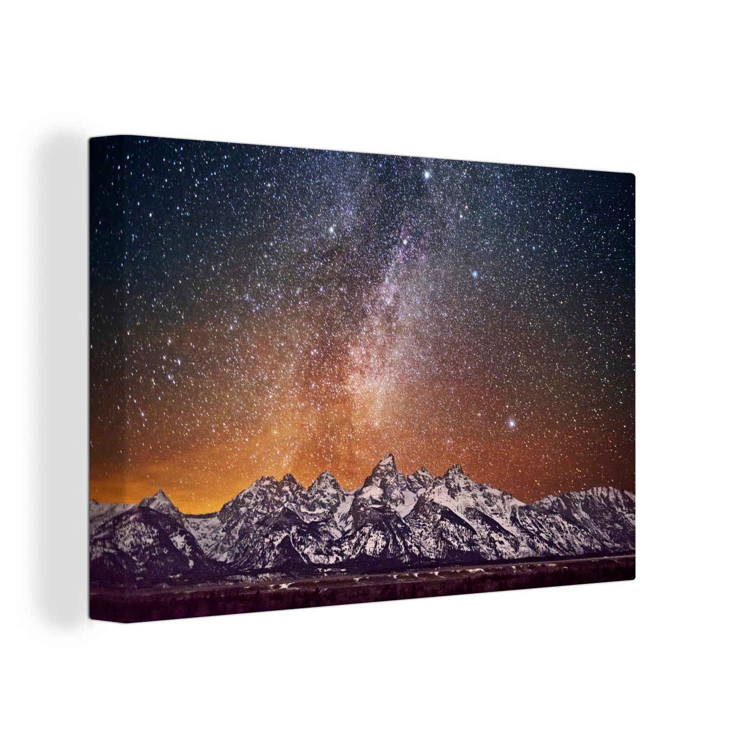 OneMillionCanvasses® Leinwandbild Milchstraße Wandbild Aufhängefertig, (1 Mountains, Teton die beleuchtet Wanddeko, St), schneebedeckten 30x20 cm Leinwandbilder, Die
