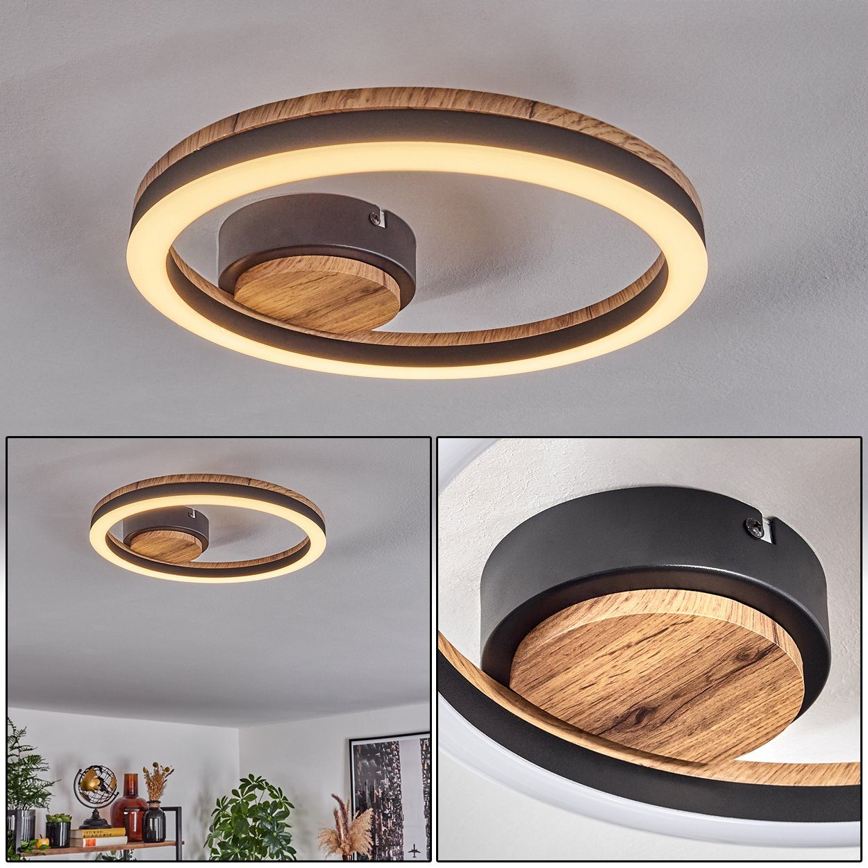 hofstein Deckenleuchte Deckenlampe aus Metall/MDF/Kunststoff in Schwarz/Holzoptik/Weiß, LED fest integriert, 3000 Kelvin, (30 cm), 12 Watt, 1350 Lumen, 3000 Kelvin