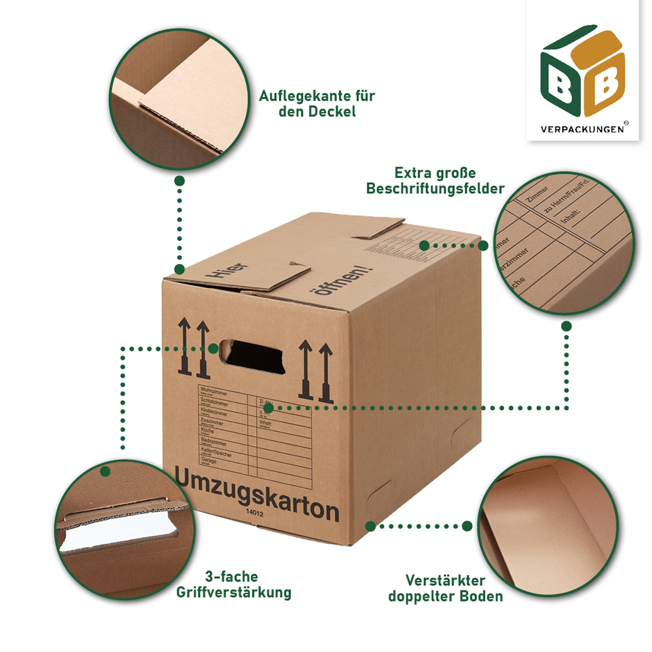 BB-Verpackungen Umzugskarton COMPACT, 2-wellig, 40kg Traglast, 500 mm x 350 mm x 370 mm, 60 Stück