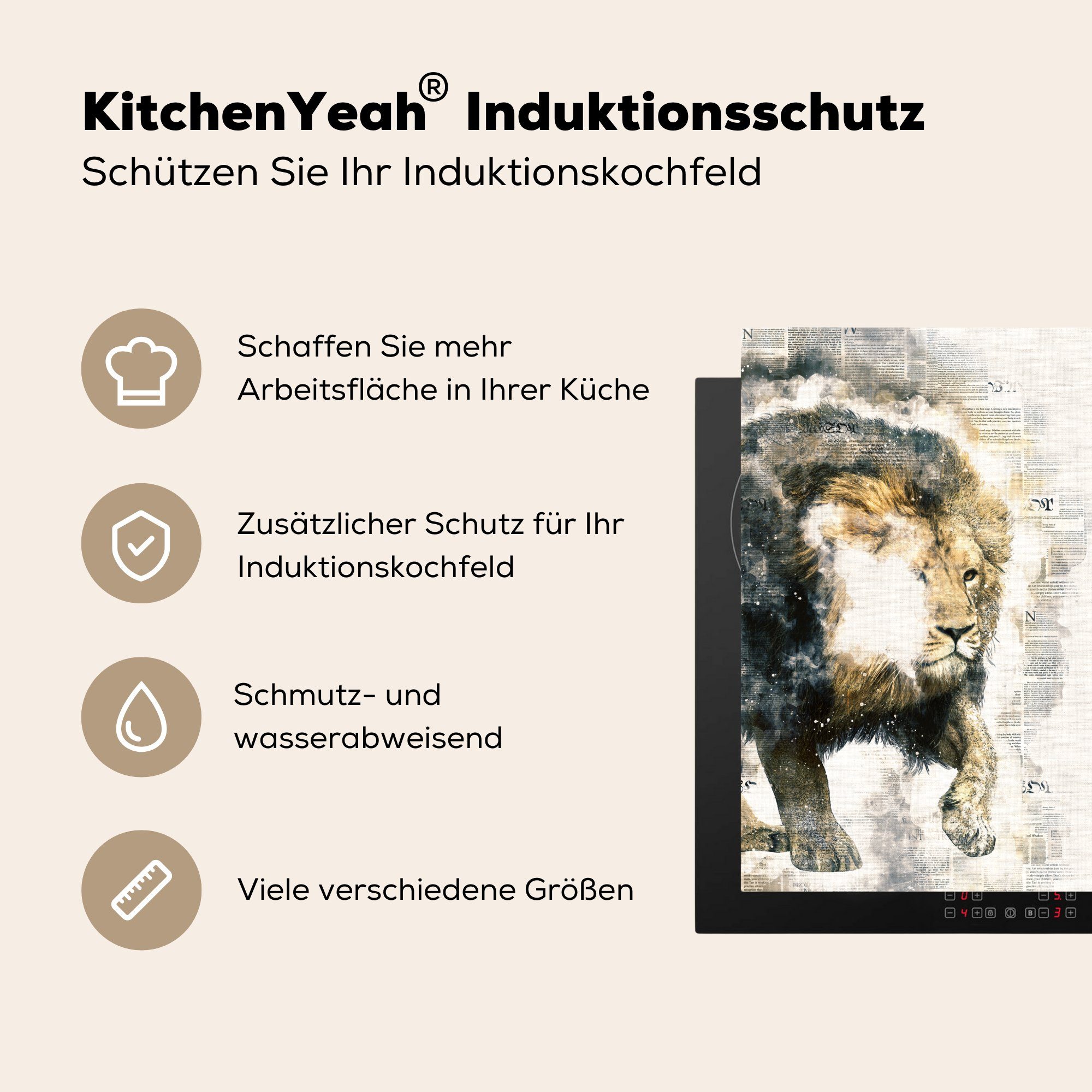 - küche Zeitung Herdblende-/Abdeckplatte Arbeitsplatte Löwe - tlg), 78x78 Farben, (1 MuchoWow cm, Ceranfeldabdeckung, für Vinyl,