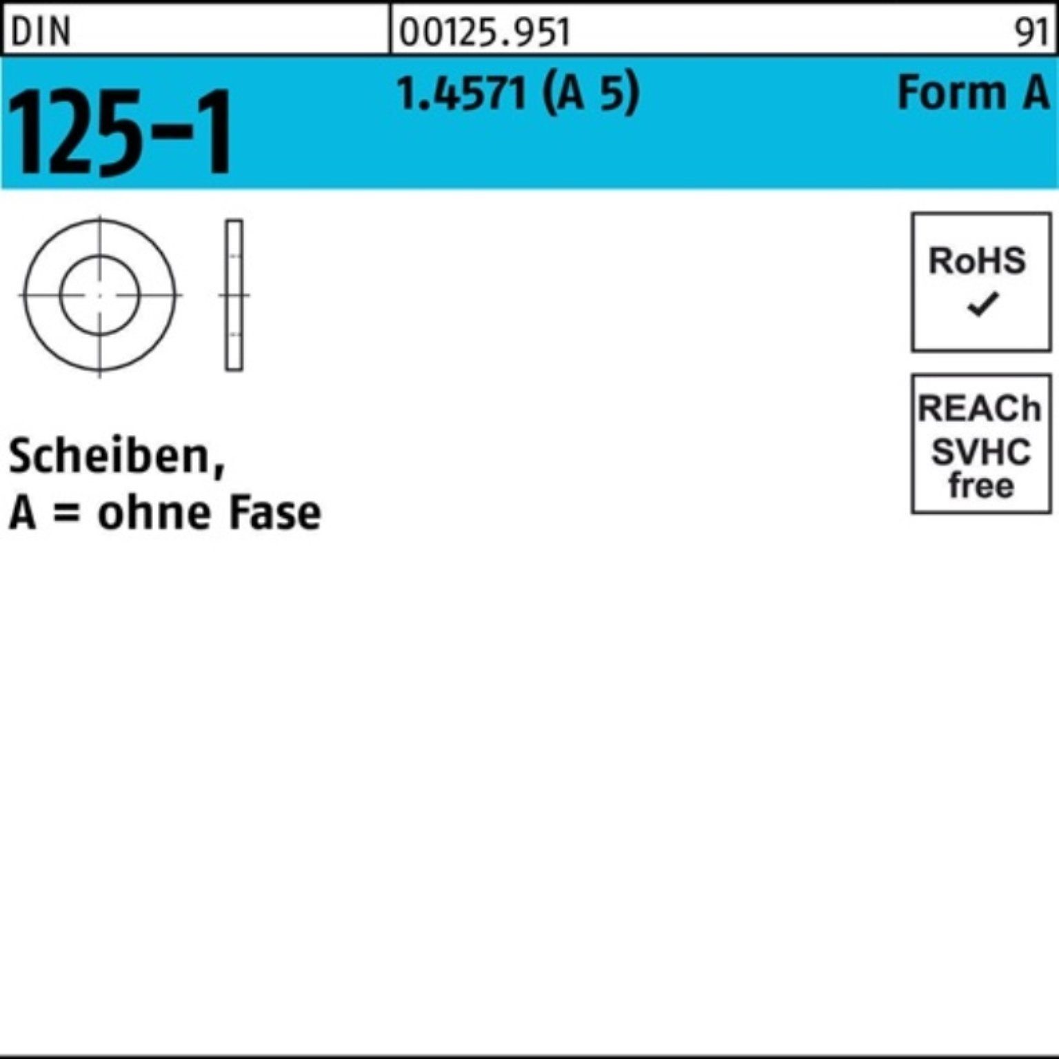 Reyher Unterlegscheibe 100er Pack Unterlegscheibe DIN 125-1 A 6,4x12x1,6 A5/1.4571 100 Stück