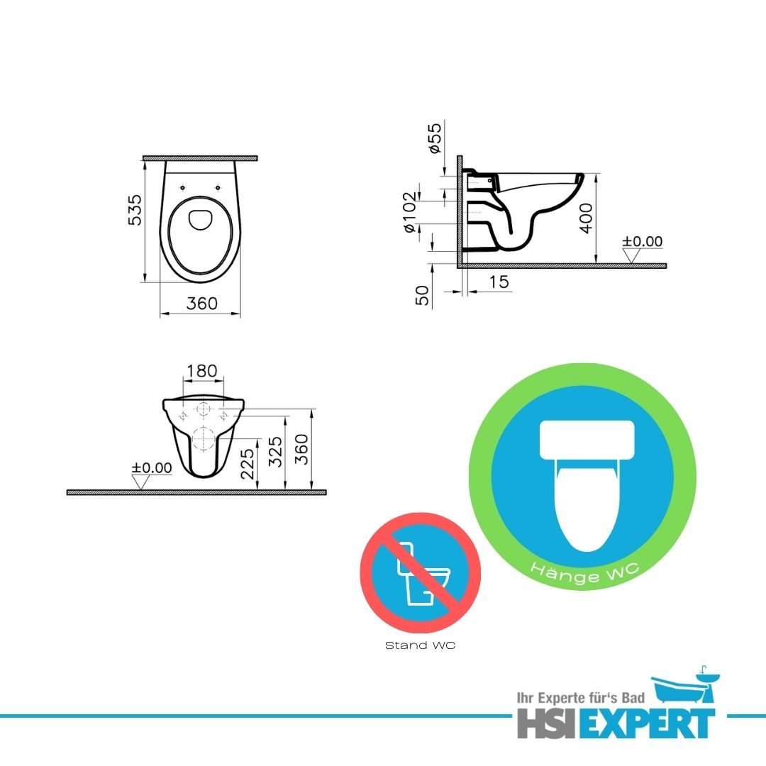 HGMBAD Tiefspül-WC Hänge WC Wand WC Toilette WC Sitz SoftClose, Wand Montage, Abgang waagerecht, LotusClean-Beschichtung