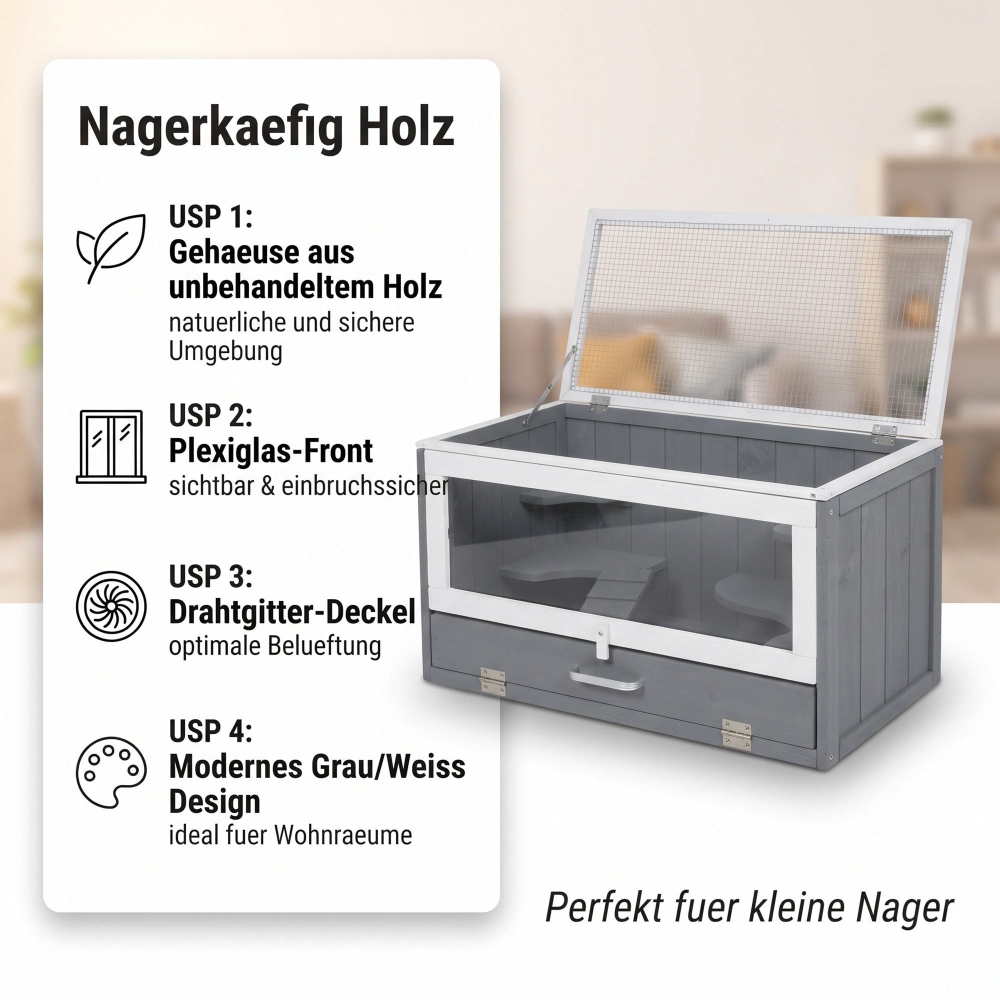 Mucola Kleintierkäfig Kleintierstall Hamsterkäfig Gehege Mäusekäfig Rattenkäfig, inkl. Haus, Trinkflaschenhalterung und Rampe