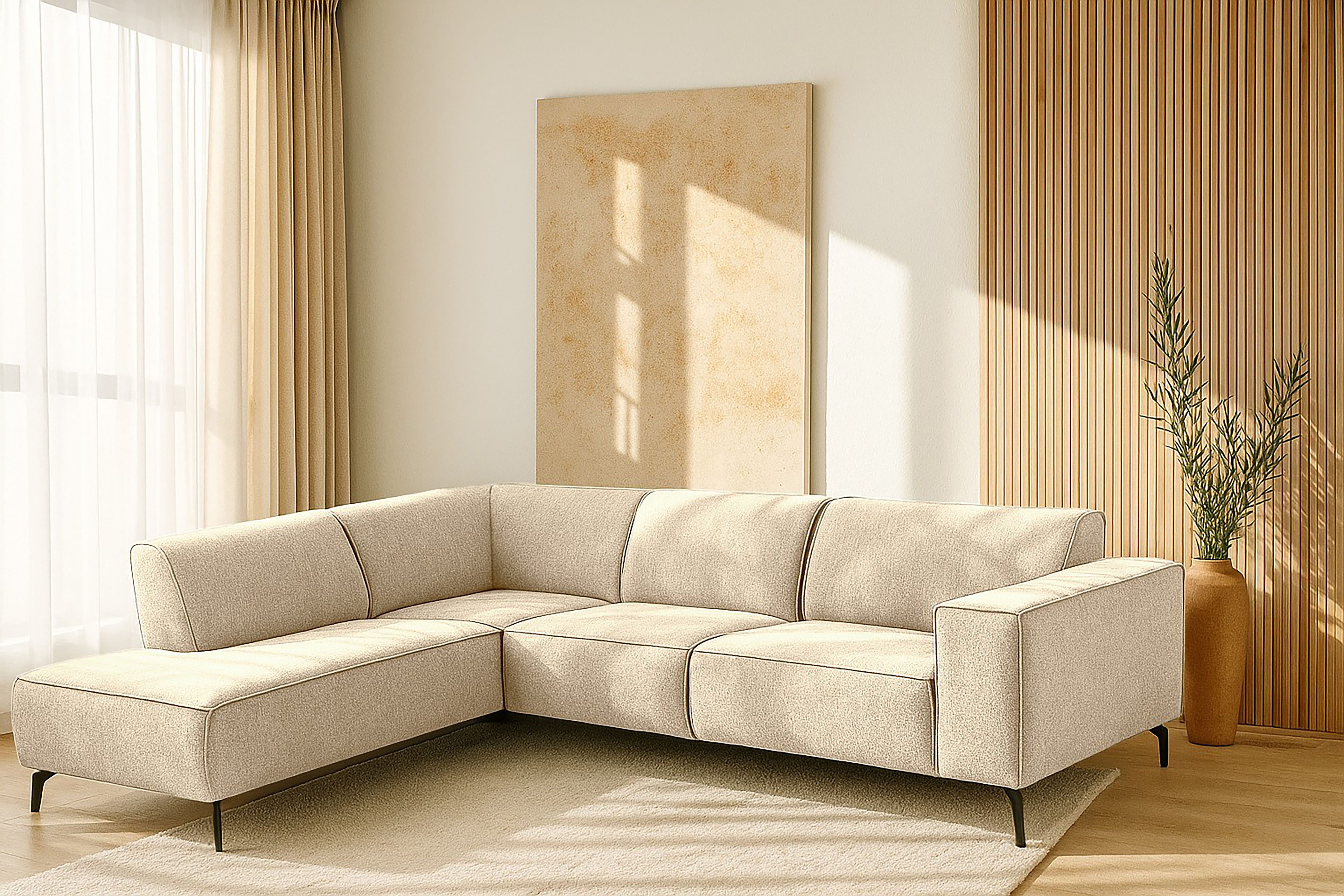 Places of Style Ecksofa Lorcan, Breite 275 cm, weiches Sitzgefühl, mit schwarzen Metallfüßen, Lederoptik und in weichem Strukturstoff