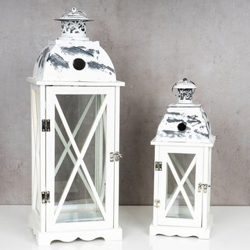 Levandeo® Kerzenlaterne, 2tlg. Laternen Set Holz weiß Metall Glas Shabby Chic 42cm & 60cm