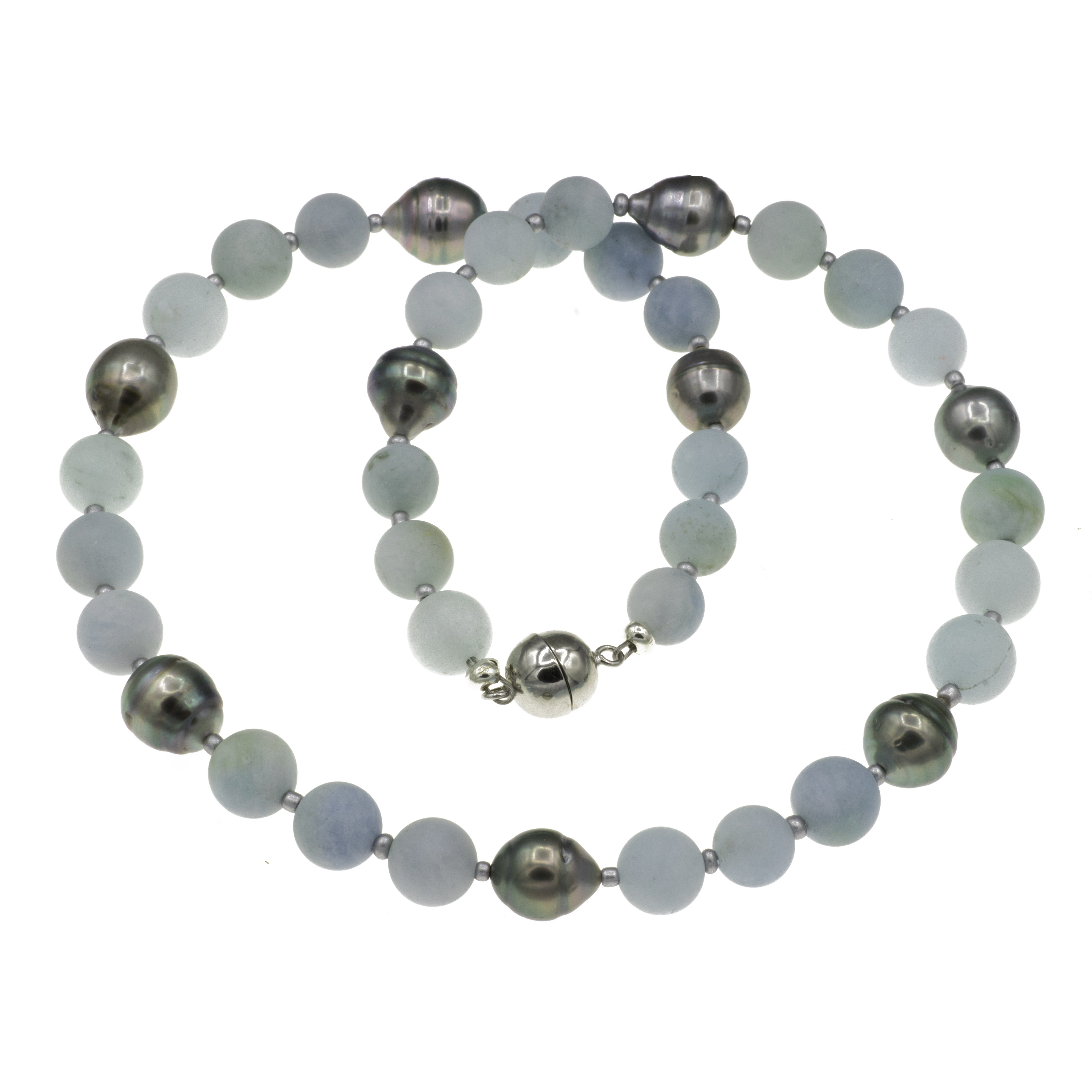 Bella Carina Perlenkette Kette mit 9 echten Tahiti Perlen und matten  Aquamarin Perlen 10 mm, mit echten Tahiti Perlen