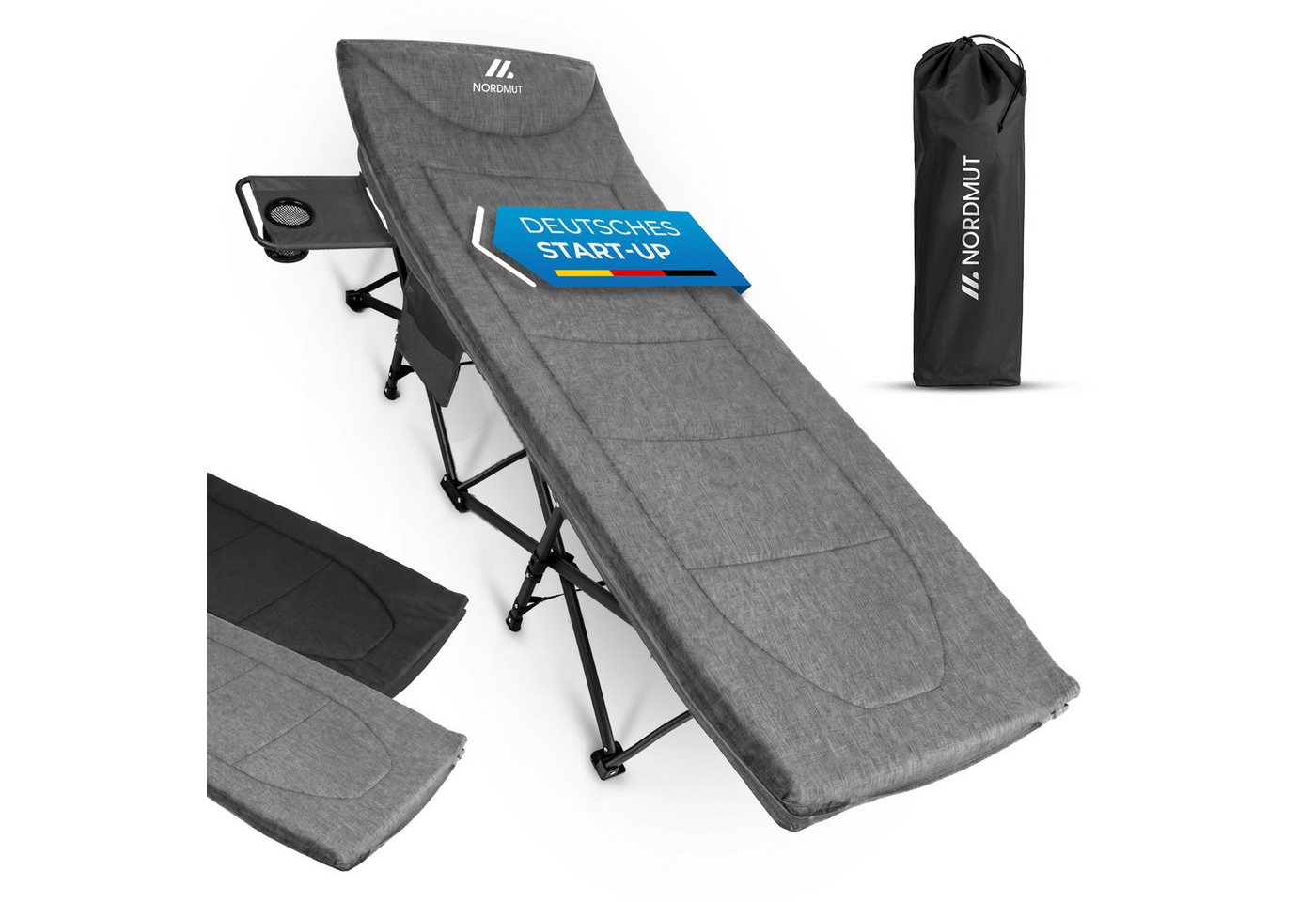 Nordmut Feldbett Klappbar mit Matratze, Campingbett Gästebett, Outdoor Erwachsene (Spar-Set, 1-St., Nordmut Kebne mit Auflage, Nachttisch & Tragetasche) mit Auflage, Tragetasche, Seitentasche, Nachttisch, 200 kg belastbar