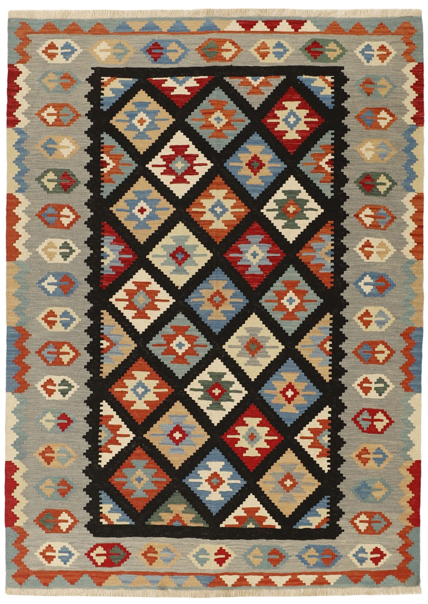 Wohnando Teppich MY-RUG persischer Kelim Rauten-& Diamantmuster 250x178cm, Rechteckig, Höhe: 5 mm, Handgewebter Kelim, Handgesponnene Wolle, mit Naturfarben gegärbt