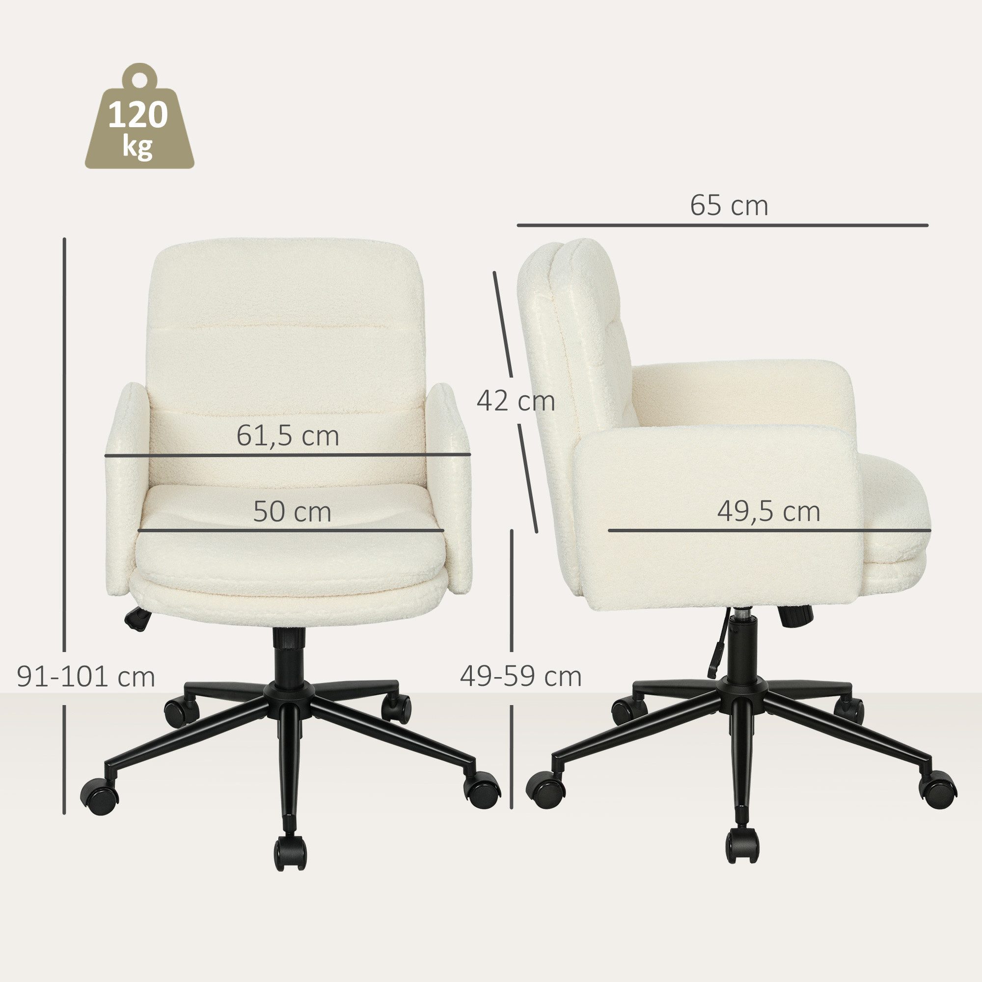 HOMCOM Bürostuhl mit Bouclé-Optik höhenverstellbar Bürostuhl mit Wippfunktion (Drehstuhl, 1 St), bis 120 kg belastbar für Schlafzimmer, Arbeitszimmer, Cremeweiß – Bild 3 von 5