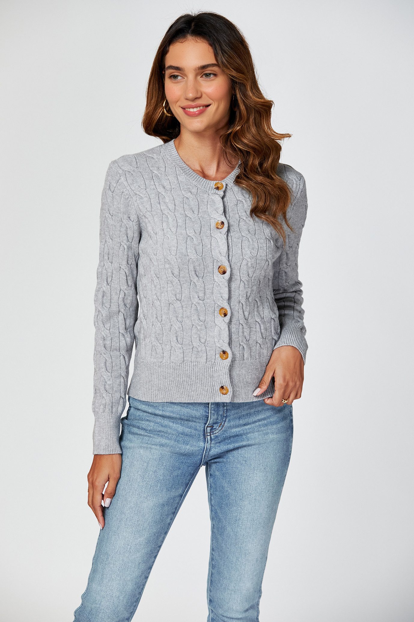 Strickjacke Damen Strickjacke mit Rundhalsausschnitt & Zopfmuster Cardigan
