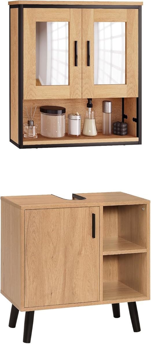 EUGAD Badmöbel-Set, (2-St), Unterschrank mit Tür und 2 offenen Ablagen, Badschrank mit 2 Spiegeln