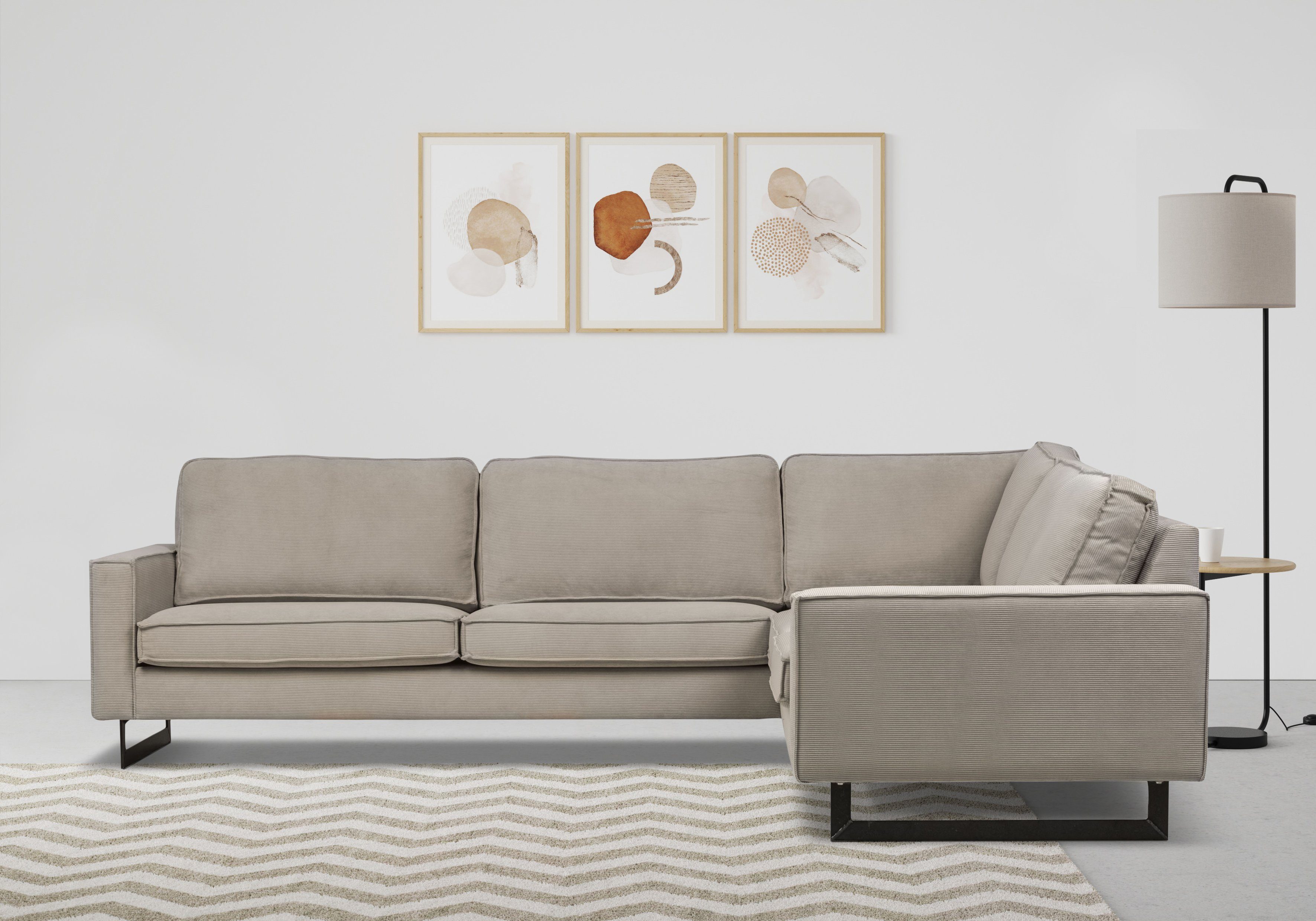 Places of Style Ecksofa Pinto, XXL, 250/290 cm, langer Schenkel, Ottomane, Cord, Chenille, Lederoptik, mit Keder, Metallfüße, Wellenunterfederung
