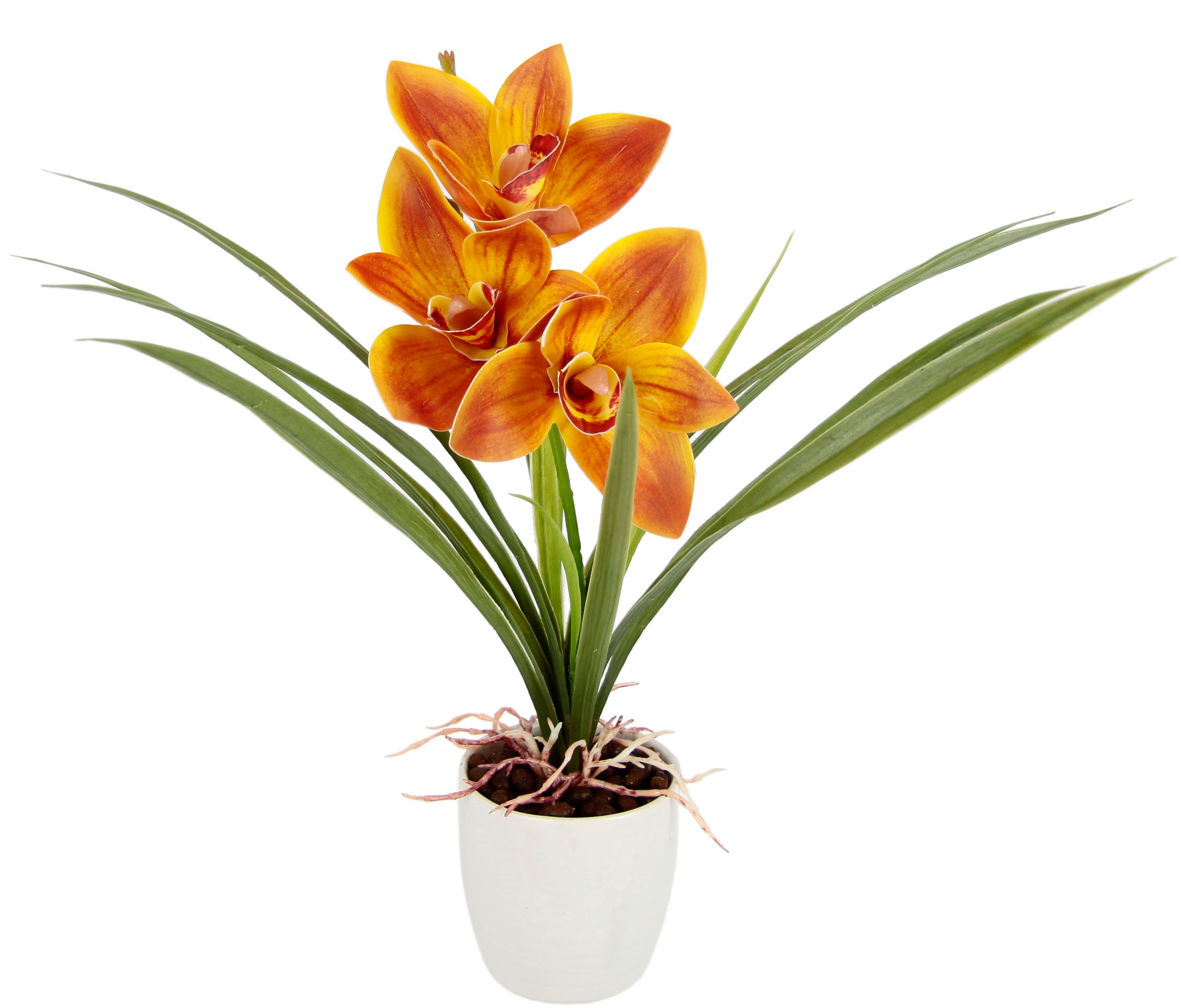 Kunstblume Orchidee, im Orange 32 Topf Keramik aus Cymbidium-Orchidee Mit I.GE.A., Blätter cm, Blume Künstliche Höhe