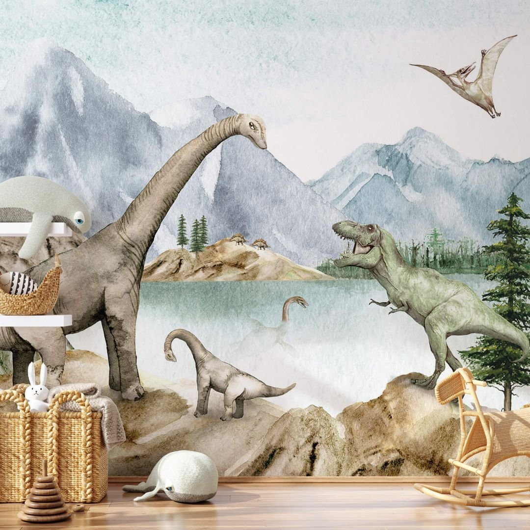 K&L Wall Art Fototapete Baby Kinderzimmer Dinosaurier T-Rex Dinos Steinzeit Vliestapete, große XXL Motivtapete