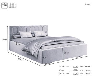 MOEBLO Polsterbett Bett 02 (Double Doppelbett mit Kopfstütze, Rahmenbettgestell, mit Bettkasten und Lattenrost), gepolstertes Kopfteil