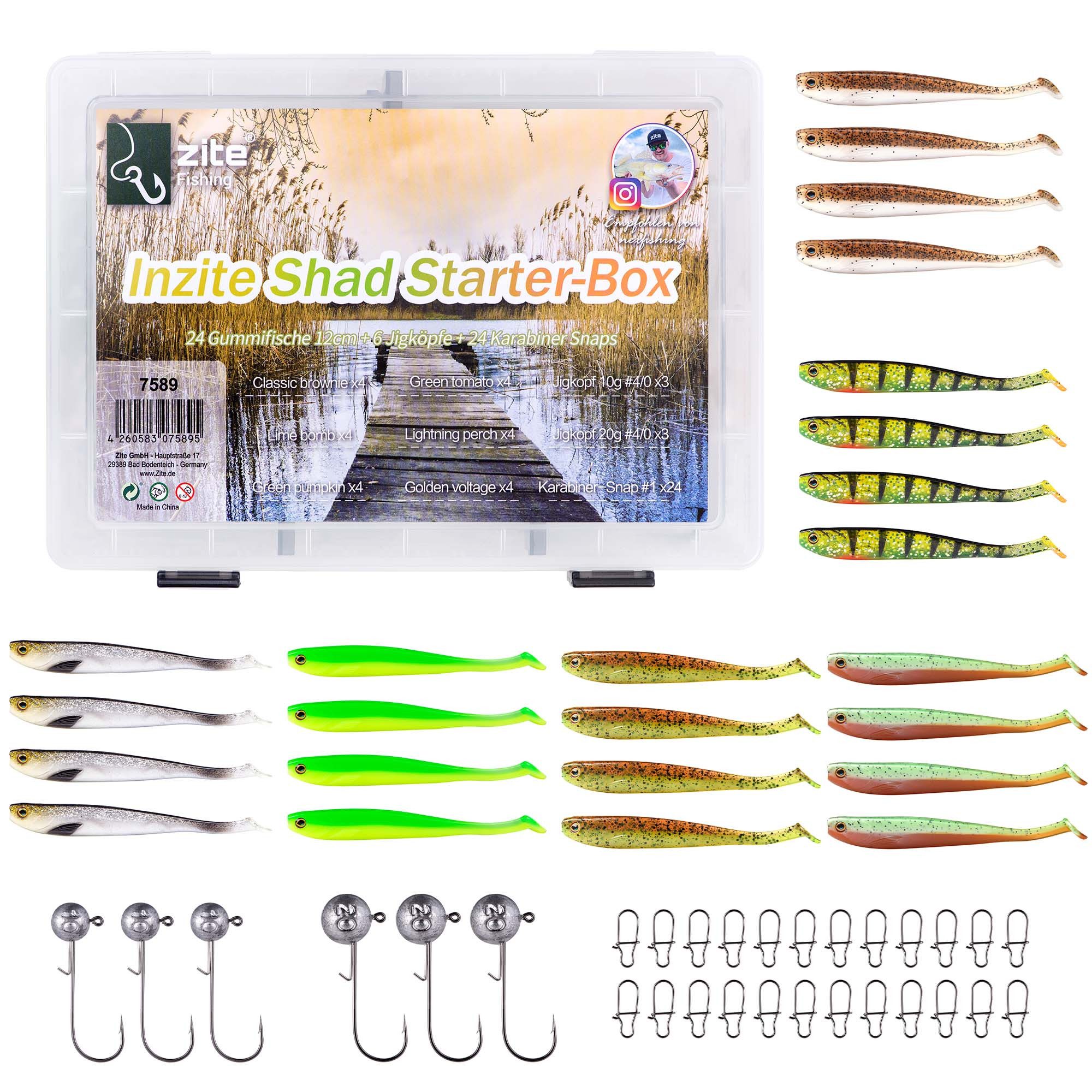 Zite Kunstköder Zander Gummifische Starterbox 24 Inzite Shads 6 Jighaken 24 Snaps, (55-St)