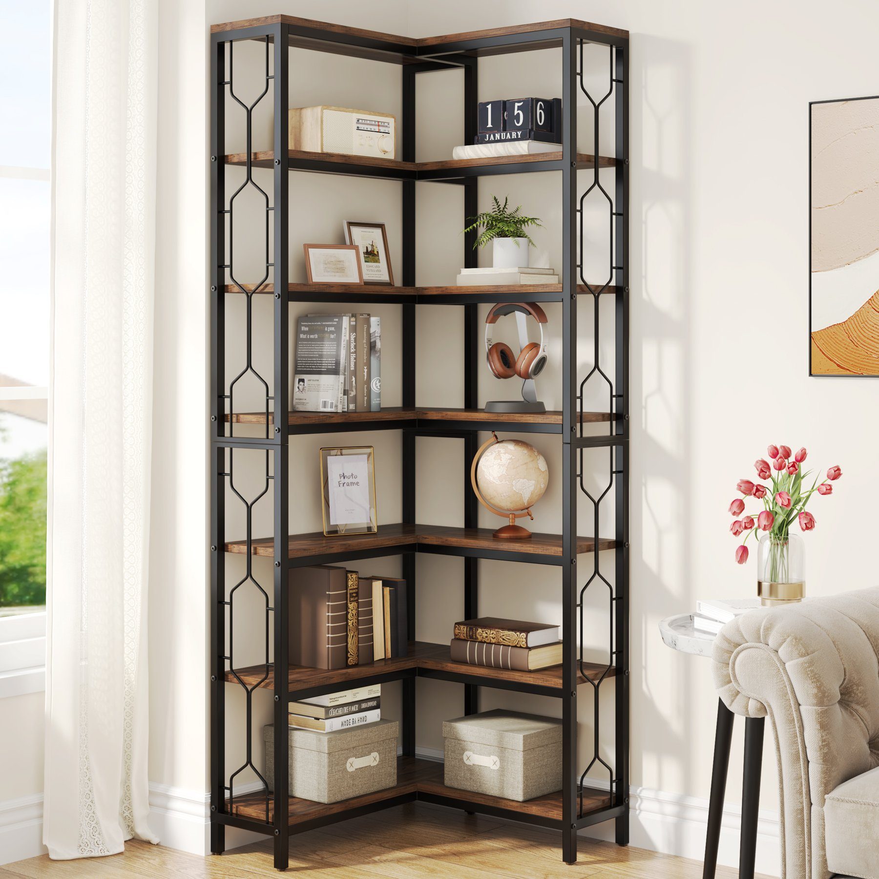 Tribesigns Bücherregal Eck-Bücherregal, 7-stöckiges Industrielles Eckregal, Freistehendes Lagerregal für Wohnzimmer, Küche, Home Office