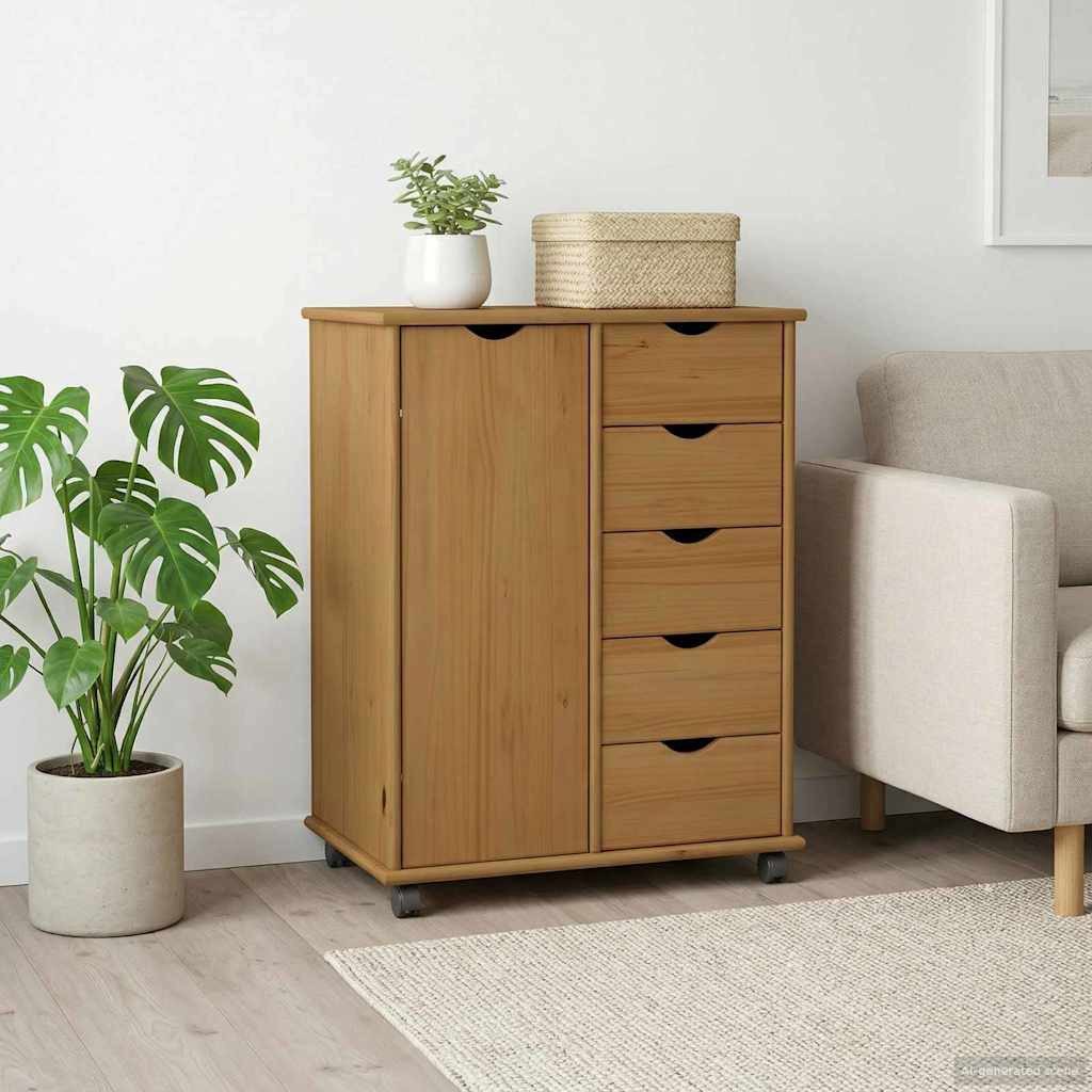vidaXL Rollcontainer Rollschrank 63,5 x 39 x 79 cm Massivholz Kiefer Honigbraun, (1 St)