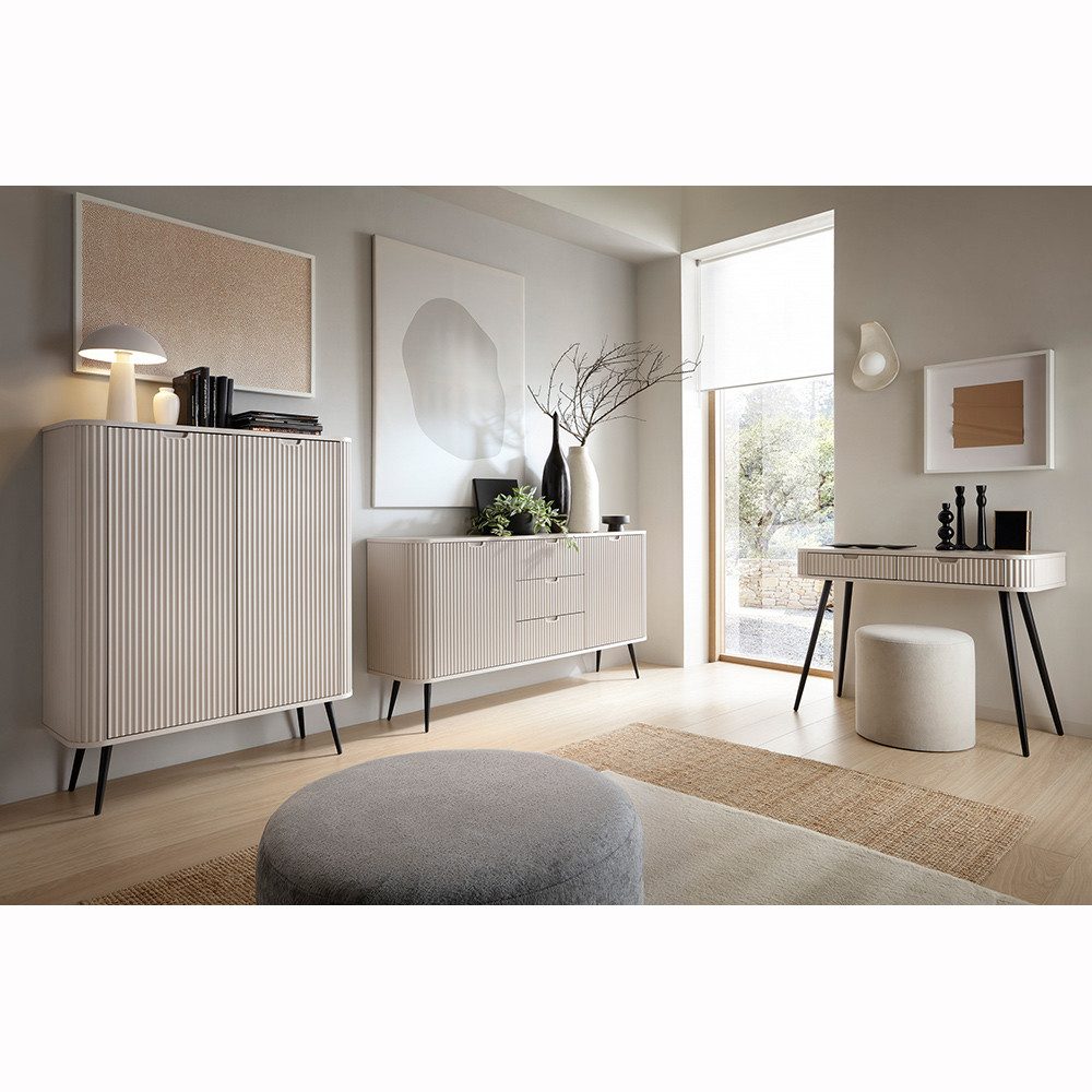 Lomadox Wohnzimmer-Set ZARA-160, (Mega-Spar-Set, 3-St., Konsolentisch Sideboard Highboard), in Kaschmir beige gerillt Rillen Metallfüße schwarz Wohnzimmerschränke