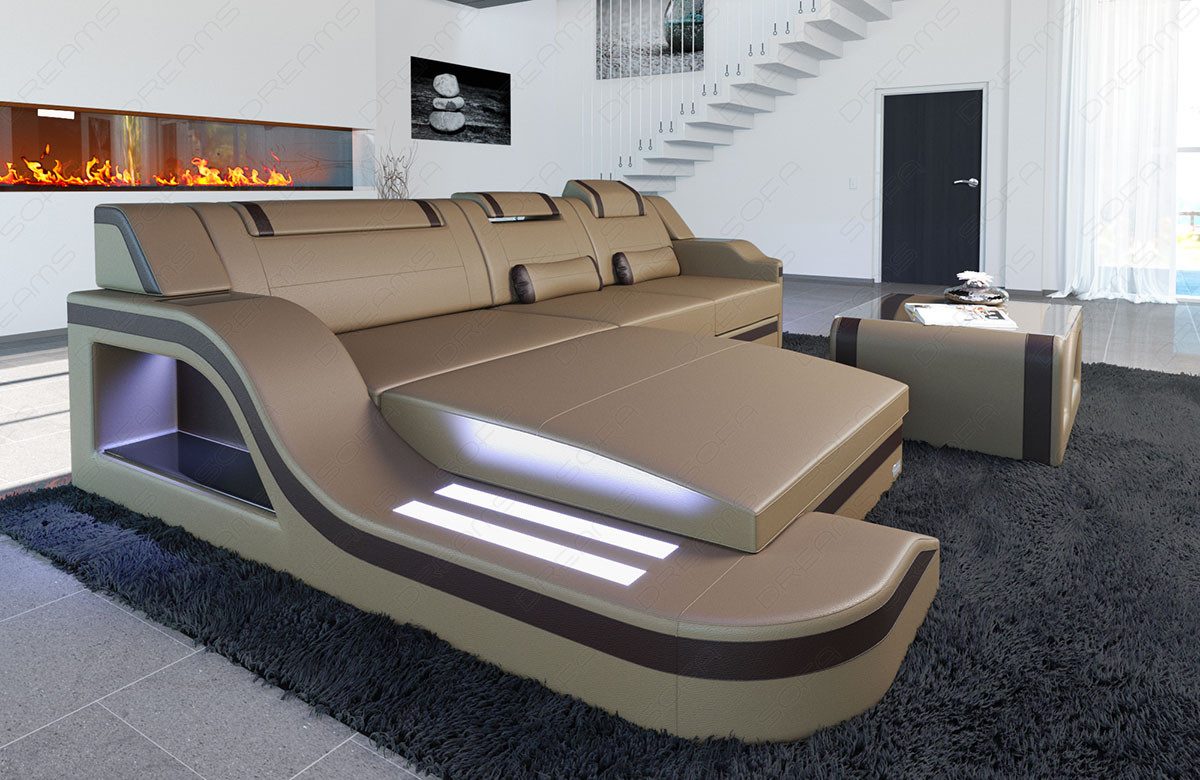 Sofa Dreams Ecksofa Ledersofa Palermo L Form Mini, Designersofa Couch, mit LED Licht & USB Anschluss