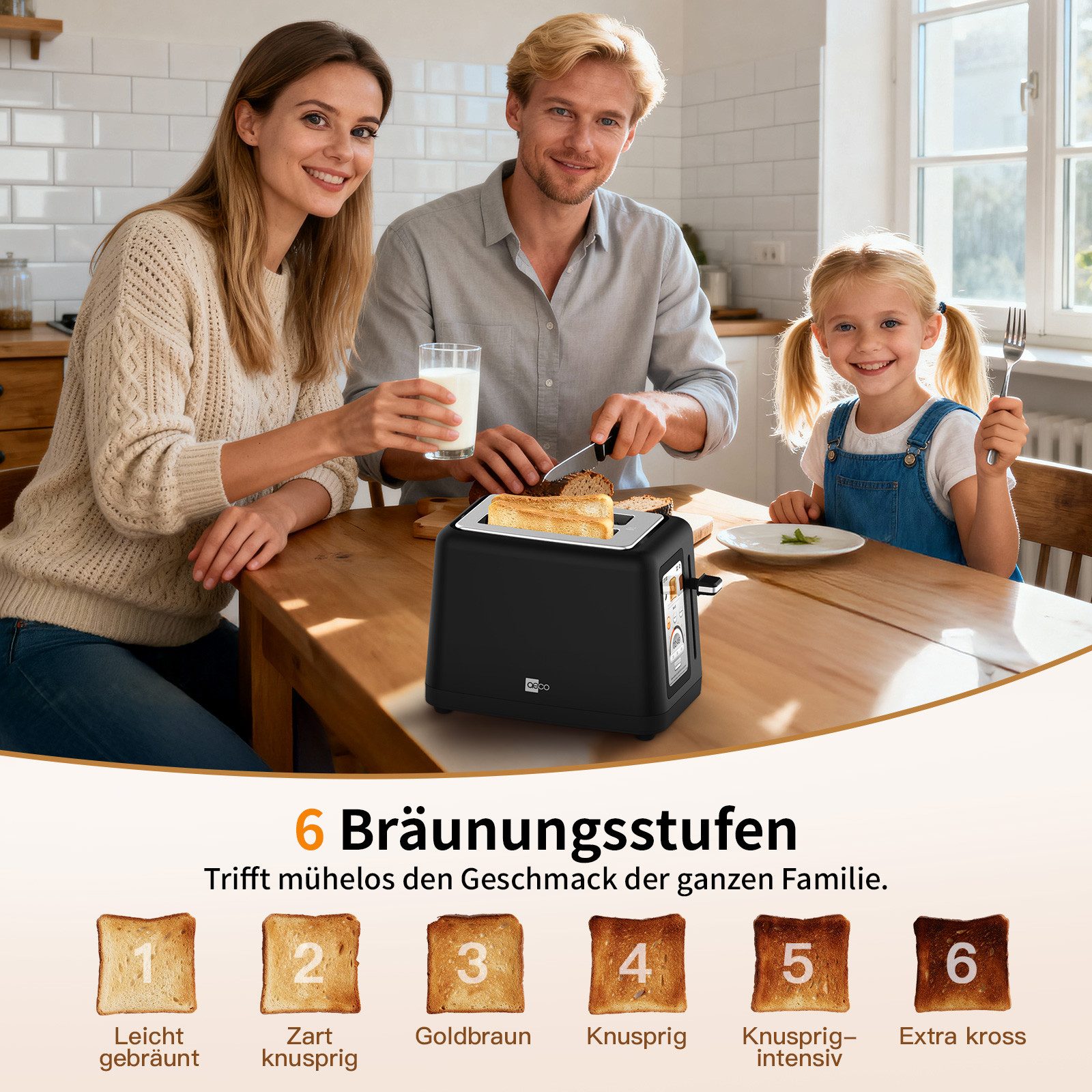 AECO Toaster toastlab ELITE Touch LCD Display, Zwei extra große Toastschlitze, für verschiedene Brotsorten, 850 W, Bräunungsstufen