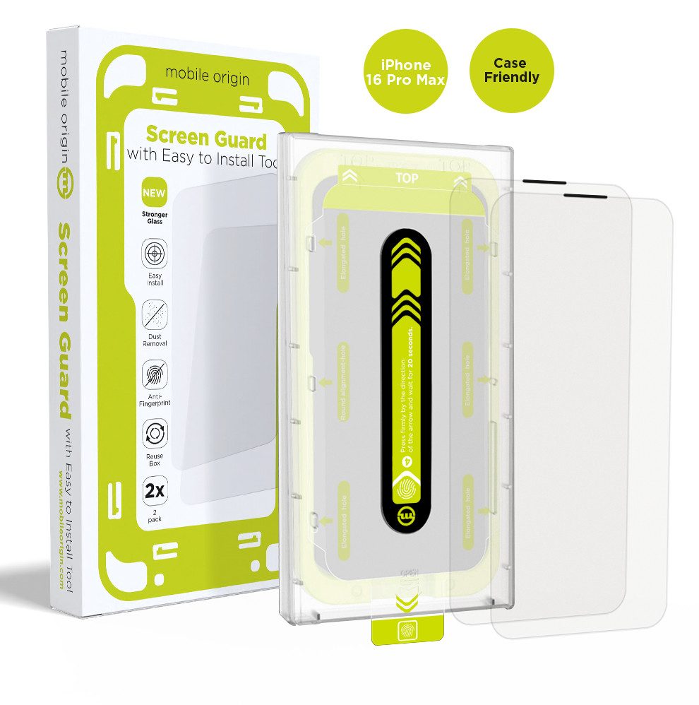 Mobile Origin Displayschutzglas 2x Panzerglas für iPhone 16 Pro Max Displayschutz Schutzglas für Apple iPhone 16 Pro Max, Displayschutz-Set, 2 Stück, Diamond Strength, 9H Hartglas, Case Friendly, Anti-Fingerabdruck