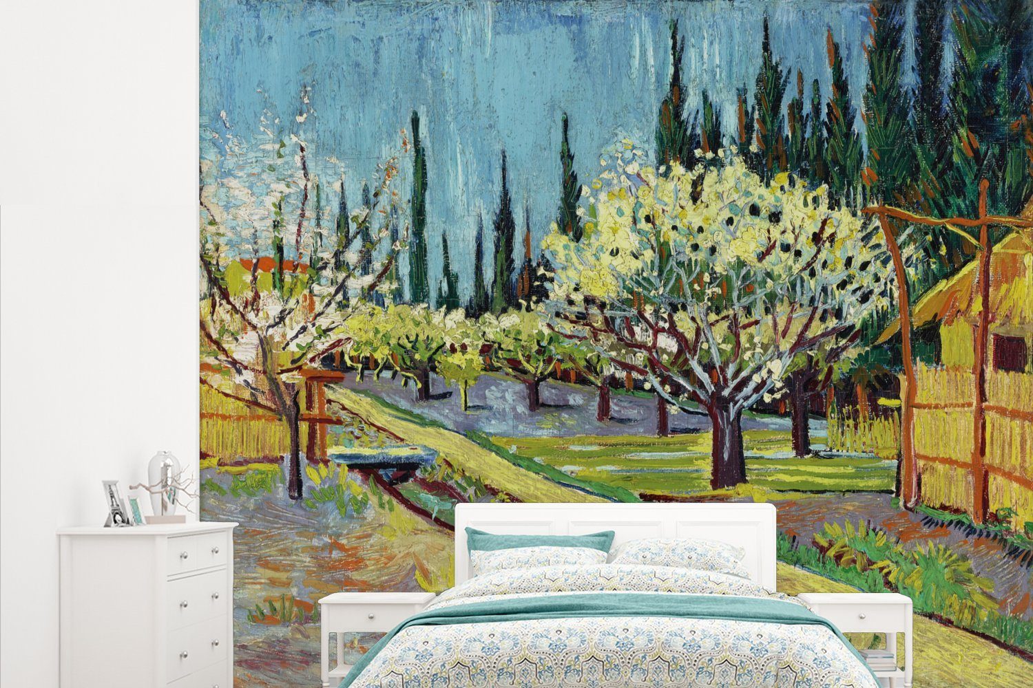 MuchoWow Fototapete Blühender Obstgarten, umgeben von Zypressen - Vincent van Gogh, Matt, bedruckt, (5 St), Vliestapete für Wohnzimmer Schlafzimmer Küche, Fototapete | Fototapeten