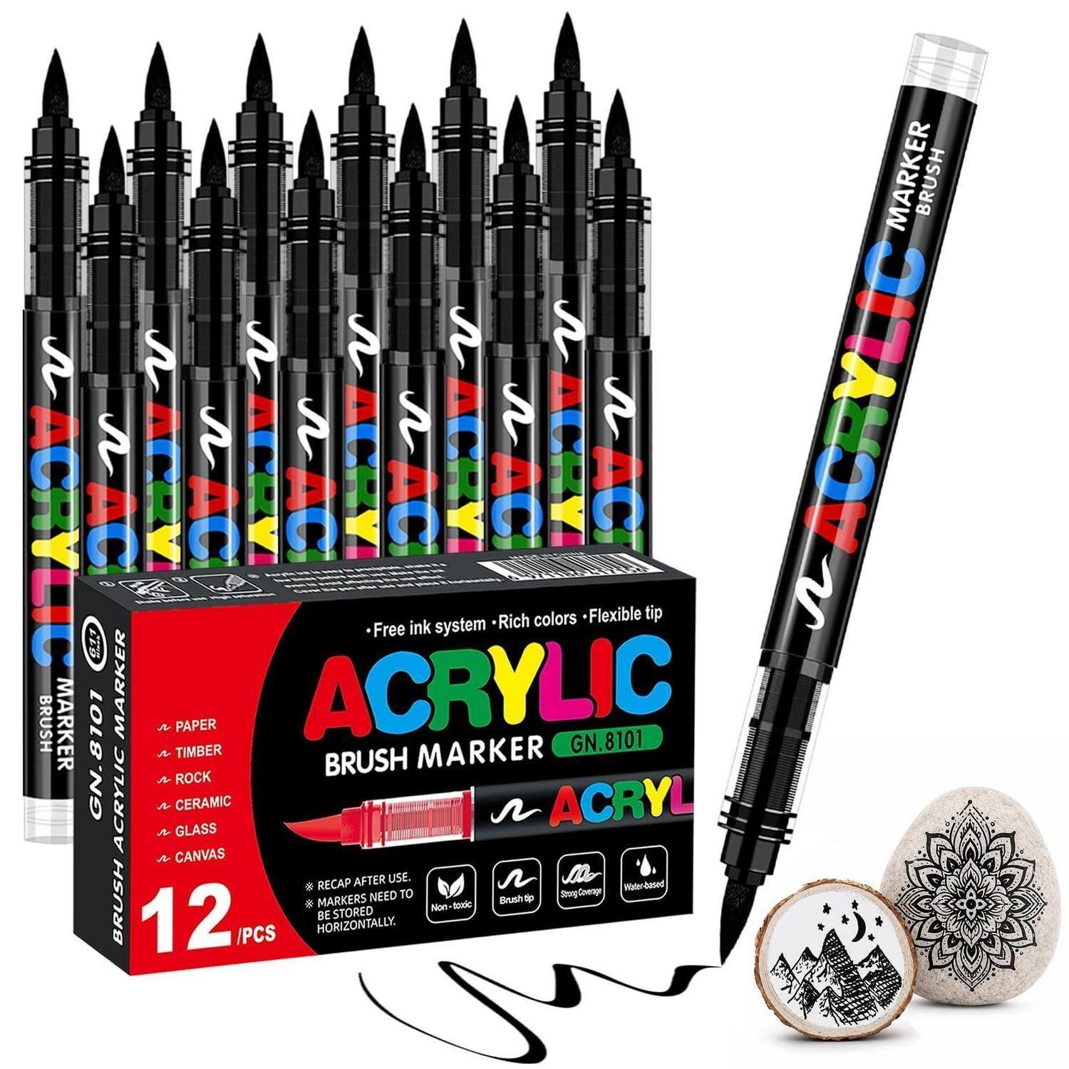 LuxusKollektion Permanentmarker Acrylstifte Set Schwarz 12Stk wasserfest Pinselspitze