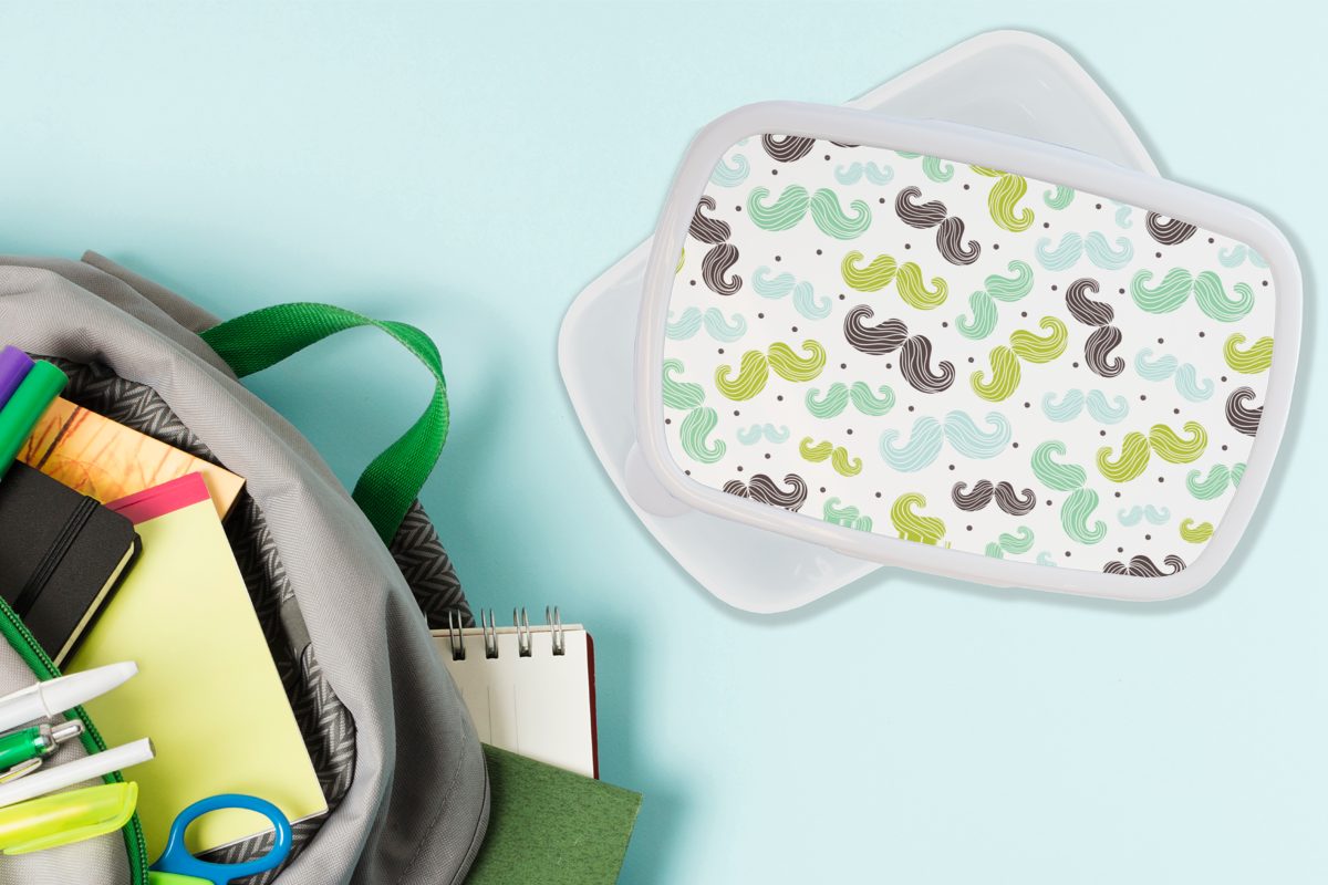 MuchoWow Lunchbox Muster - Schnurrbart Mädchen und Kleiner - Jungs Jungen - für und Junge, Erwachsene, Kinder Kunststoff, Kinder weiß Farben (2-tlg), - Brotdose, Brotbox - für