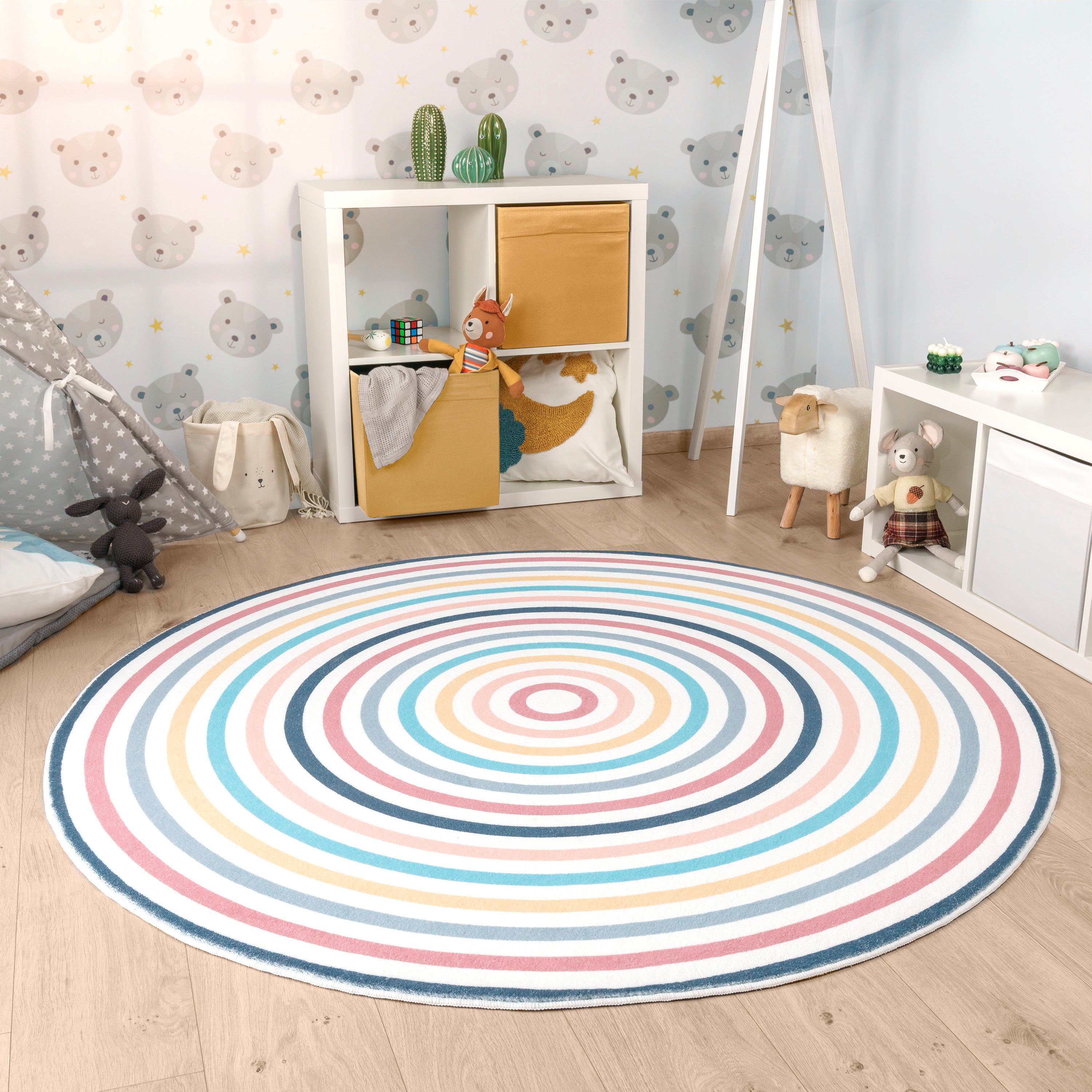 Paco Home Kinderteppich Niloya 365, rund, Höhe: 12 mm, Spielteppich, Kurzflor, bedruckt, Kreise, gestreift, waschbar