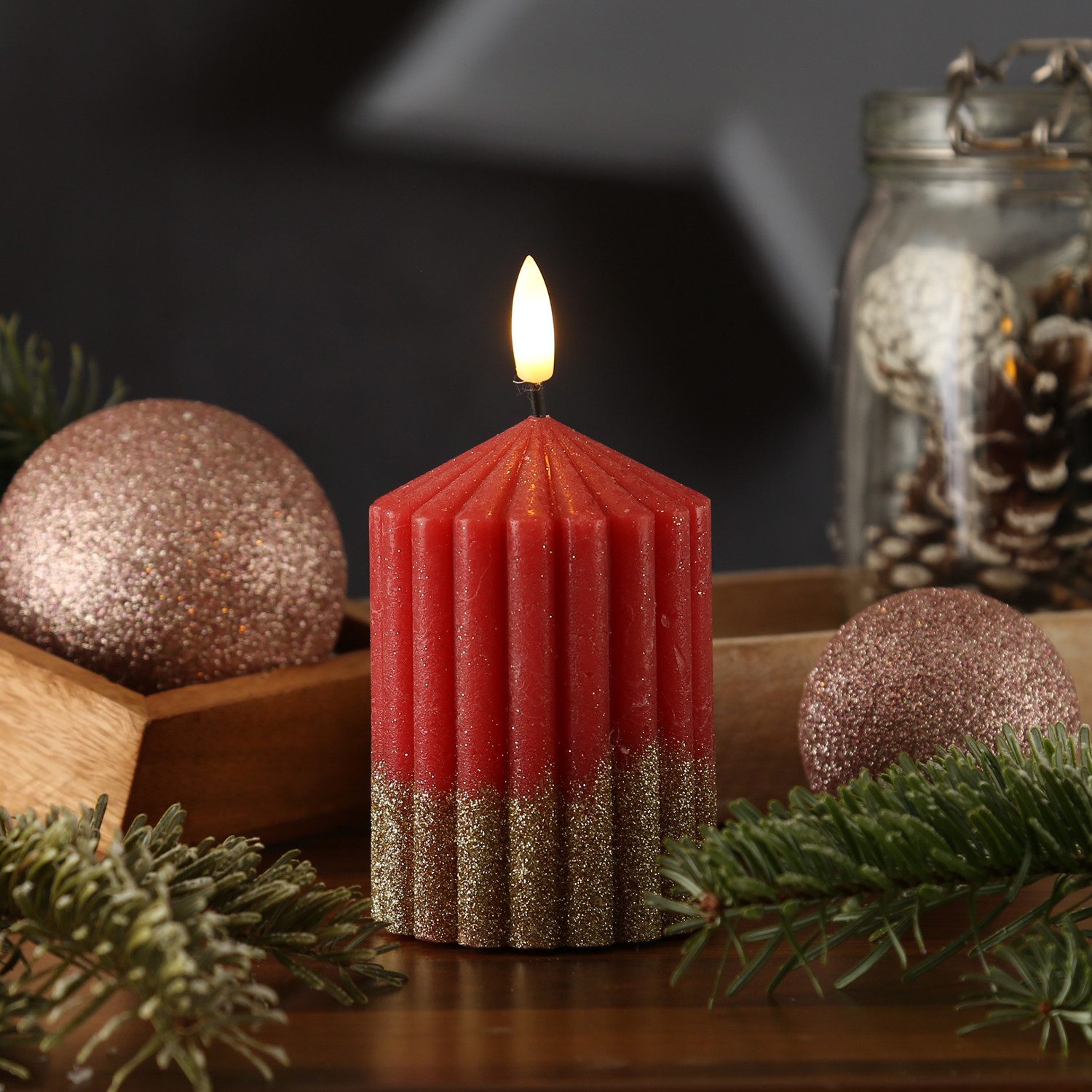 MARELIDA LED-Kerze Liv Echtwachs gerillt mit Rillen 7x10cm Timer rot gold Weihnachten (1-tlg)