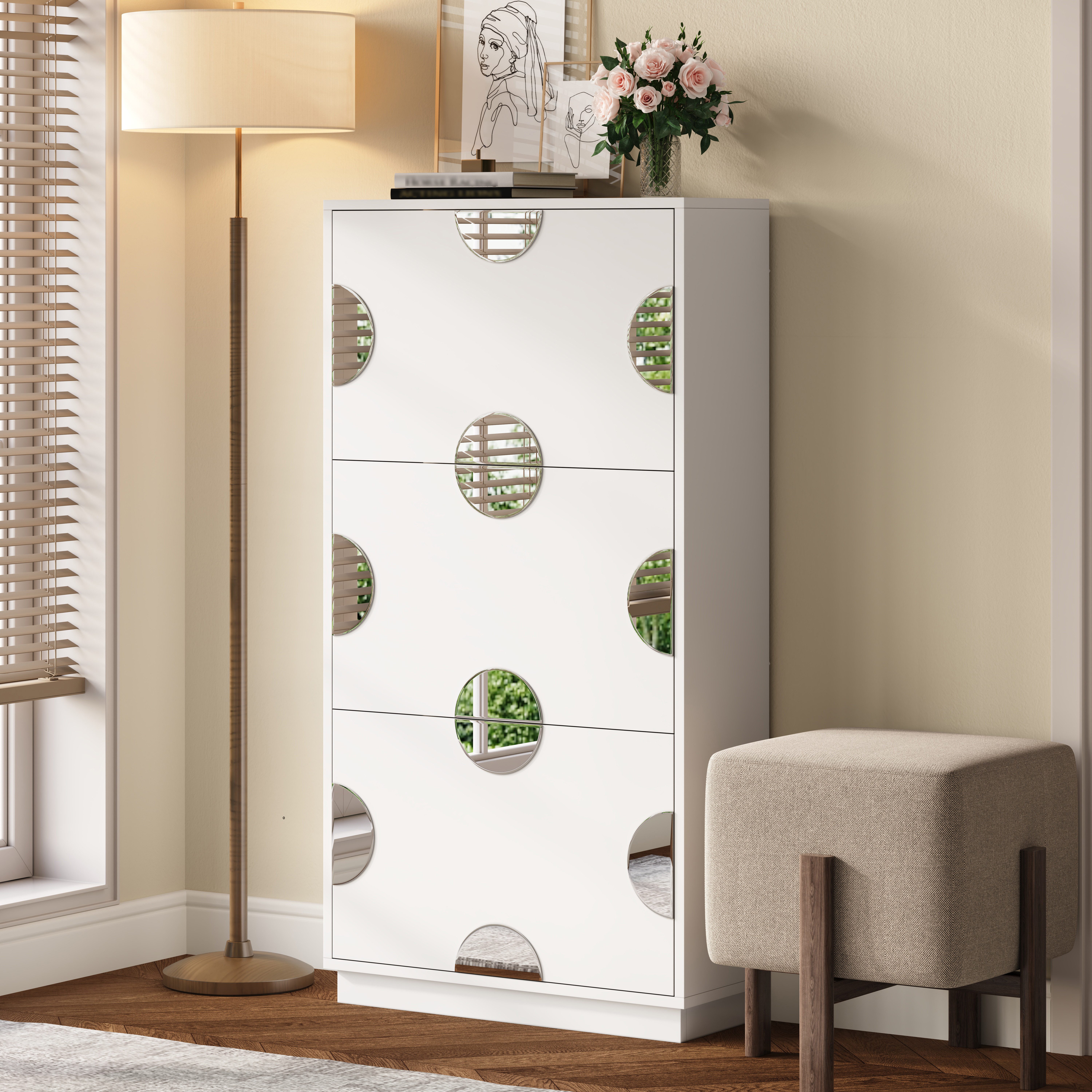 MODFU Schuhschrank Moderner Flurschrank mit rundem Spiegel & großem Stauraum (Packung, 1-St., Einzigartiges Design für einen aufgeräumten Eingangsbereich oder Foyer) 63x120x24 cm in Weiß, 3 Klappen für Schuhe & Zubehör