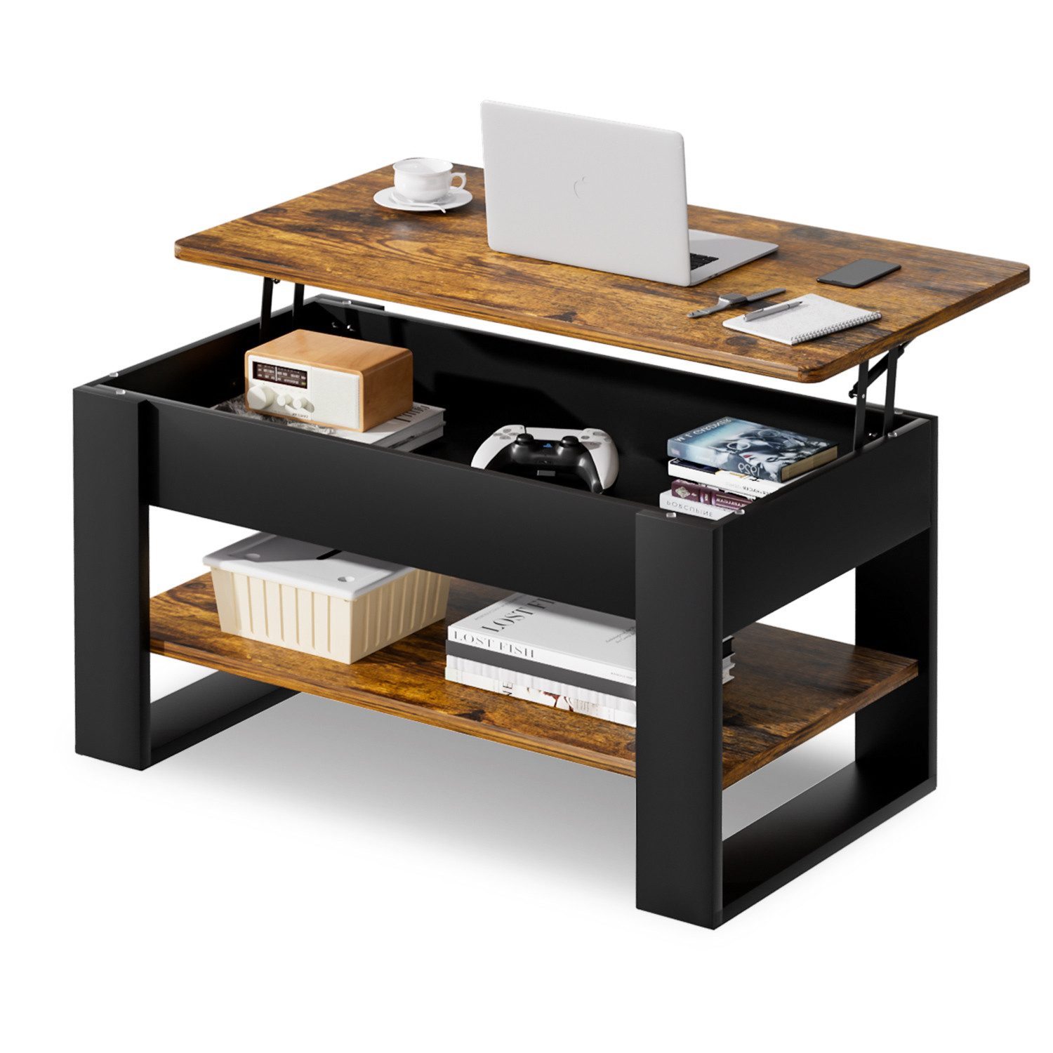 Yorbay Couchtisch Höhenverstellbar 46-60cm mit Gasfeder & verstecktem Fach, Sofatisch mit Stauraum, Wohnzimmertisch, stabil bis 80kg