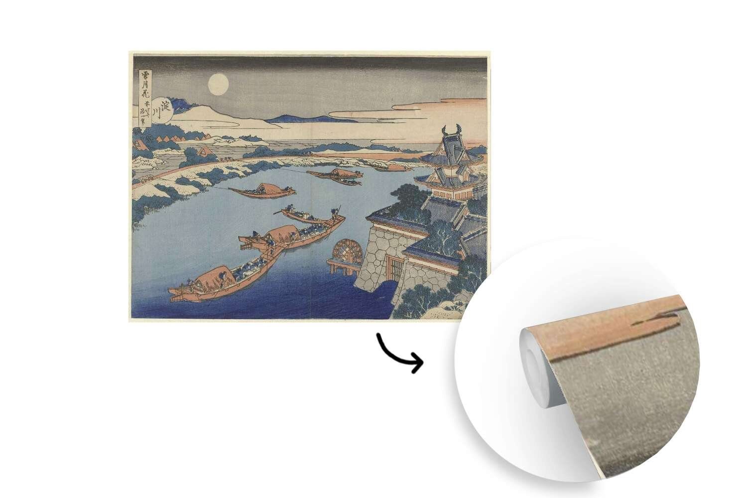 Katsushika MuchoWow Wohnzimmer, Vinyl Wandtapete - im St), Yodo Montagefertig von Matt, Tapete für Fluss Gemälde bedruckt, (6 Fototapete Hokusai, Der Mondlicht