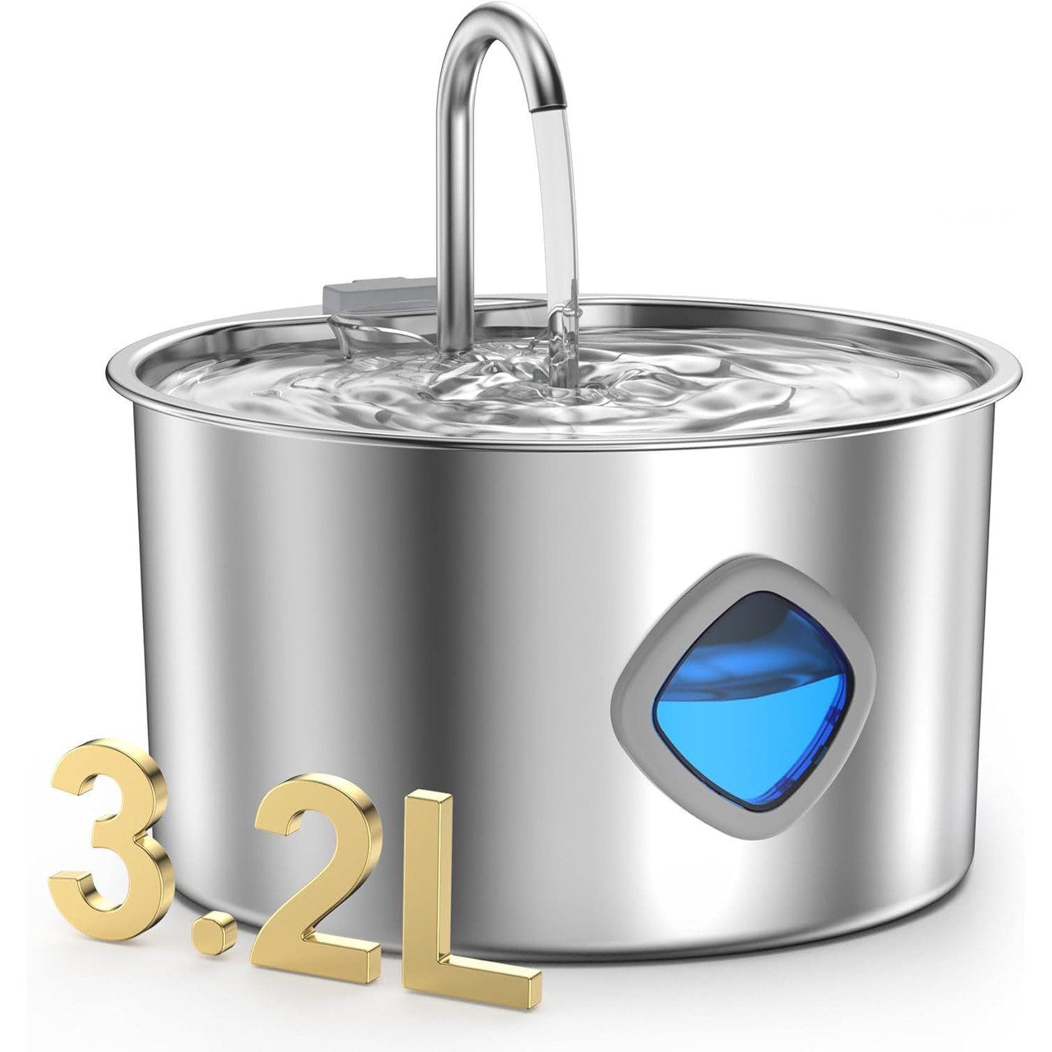 TUWENA Trinkbrunnen Katzenbrunnen aus Edelstahl, 3,2 Liter Wasserbrunnen mit Sichtfenster 3.2 l, Ultraleise Pumpe, 4-stufige Filterung, LED-Anzeige, leicht zu reinigen von TUWENA