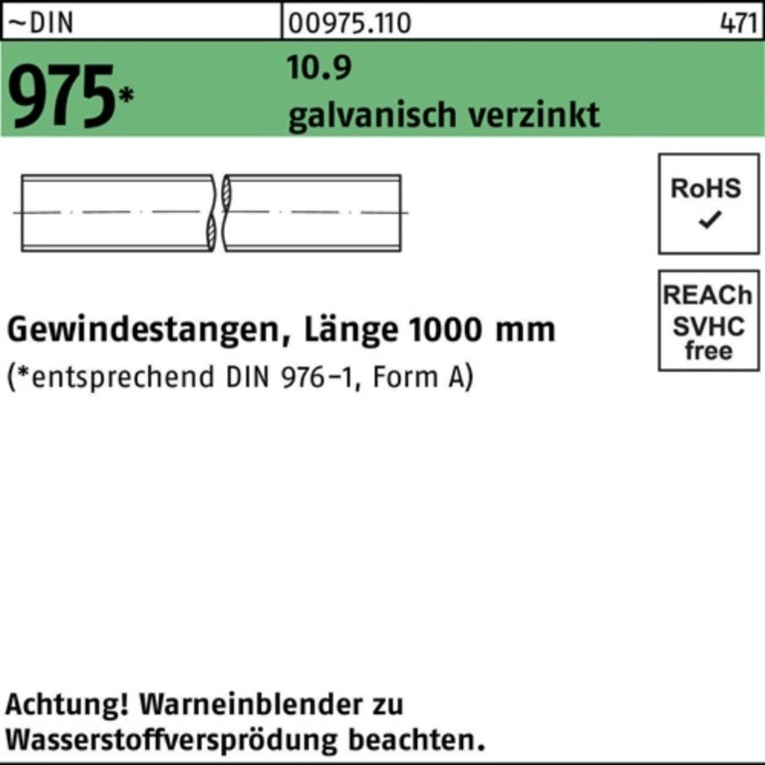 Reyher Gewindestange 100er Pack Gewindestange DIN 975 M20x 1000mm 10.9 galv.verz. 1 Stück