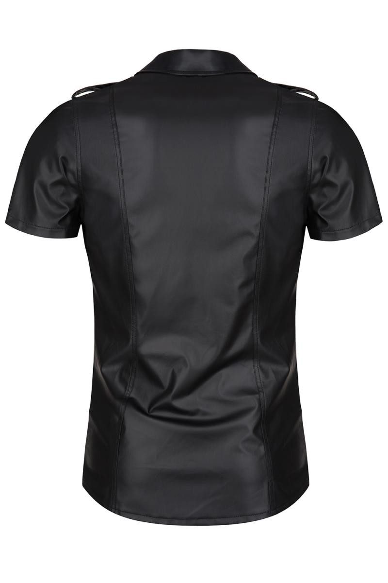 Regnes Fetish Planet Kurzarmhemd Herren wetlook Hemd schwarz mit Stehkragen und Druckknöpfen Männder