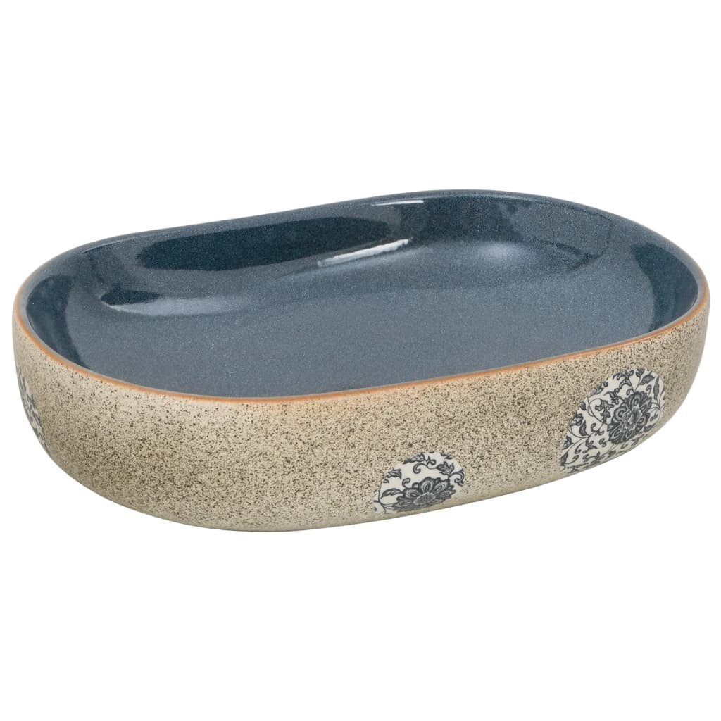 vidaXL Waschbecken 59 x 40 x 14 cm Aufsatzwaschbecken Sandfarben Blau Oval 59x40x14 cm Ke