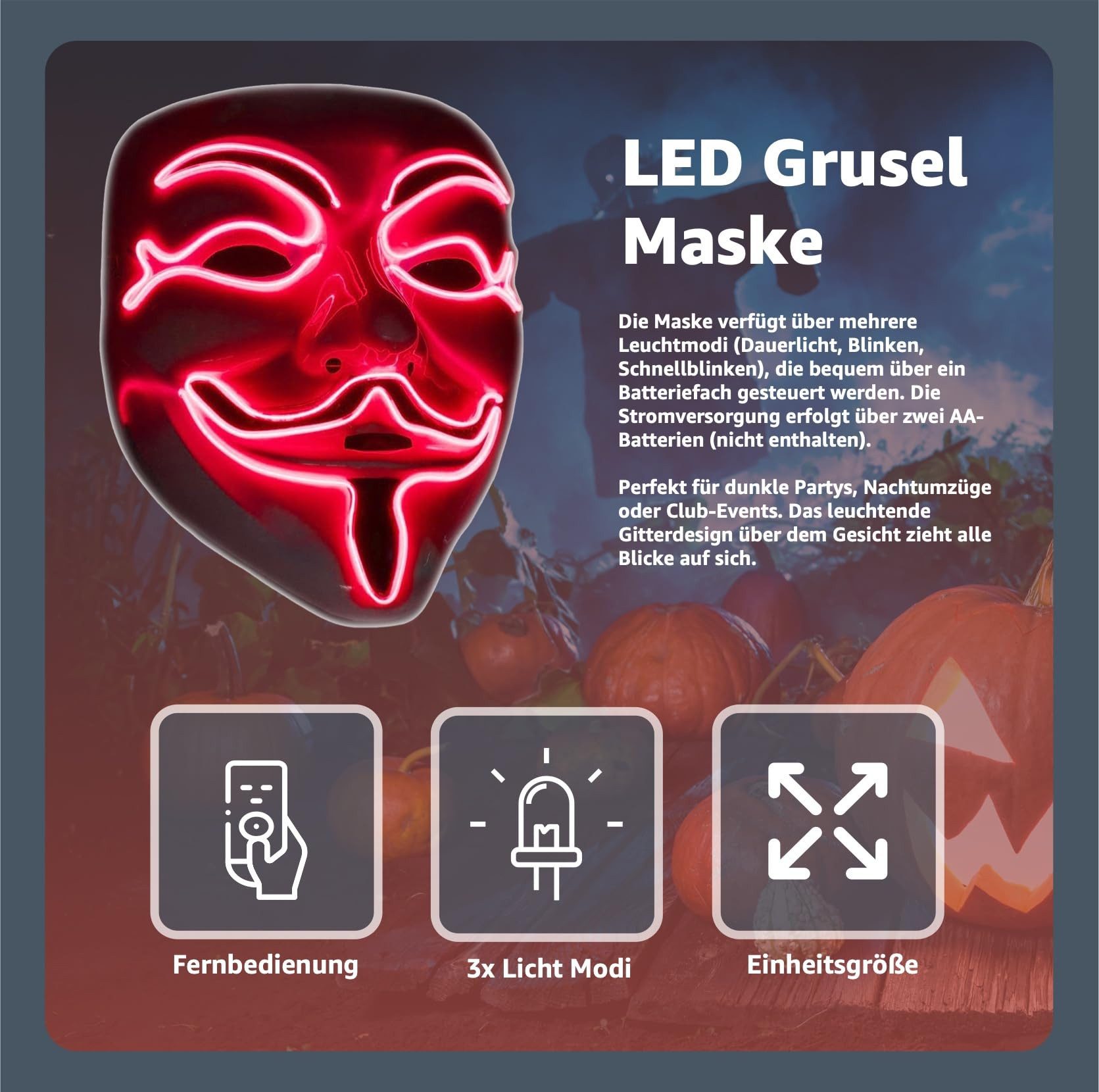 TK Gruppe Verkleidungsmaske LED Horror Maske inspiriert von Purge – mit 3 Leuchtmodi, (Packung), Steubar - drei Lichteffekten